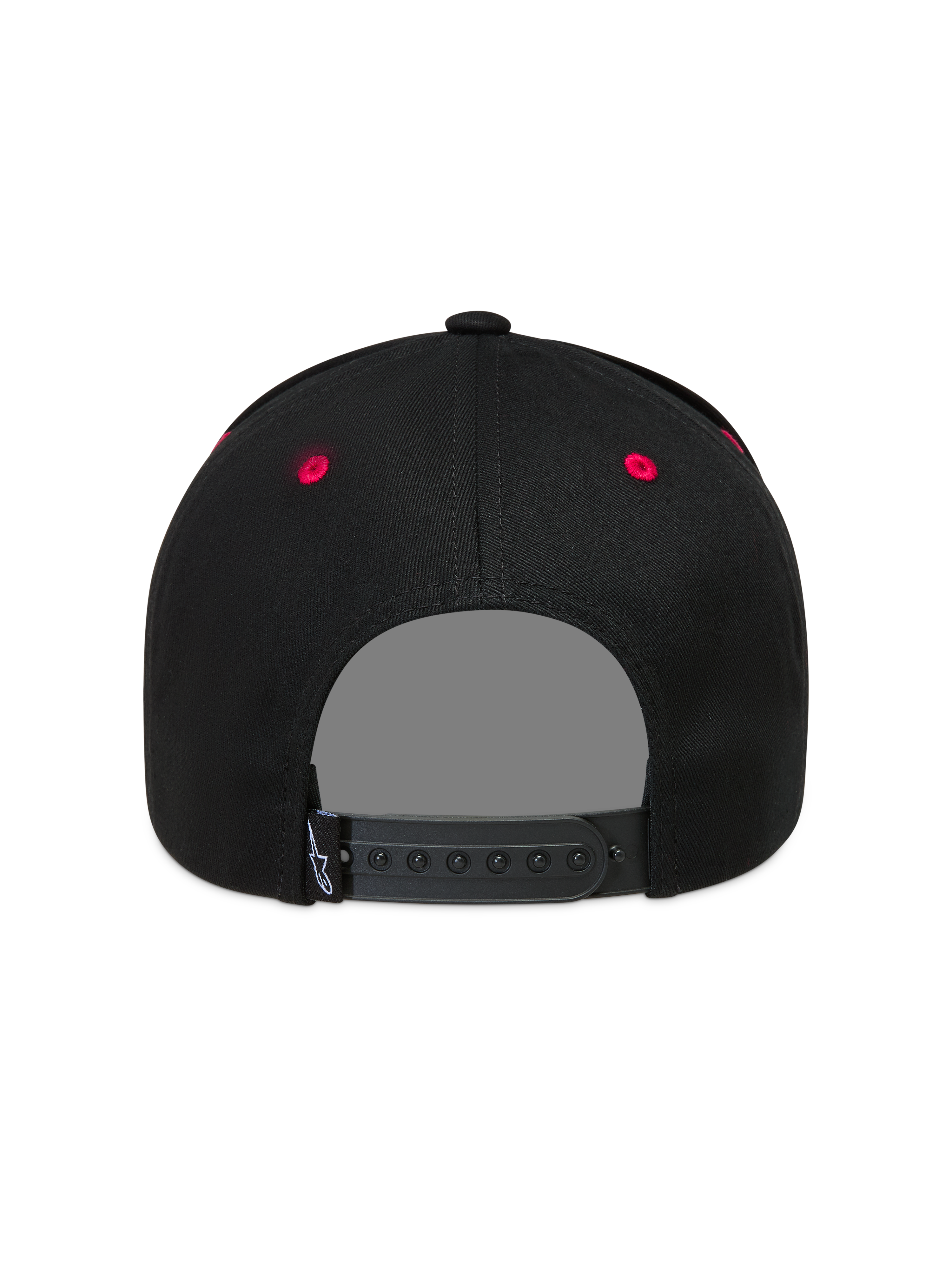 Alpinestars Retro Snapback Hat, sort og rød kasket set bagfra med justerbar snapback-lukning og røde lufthuller.