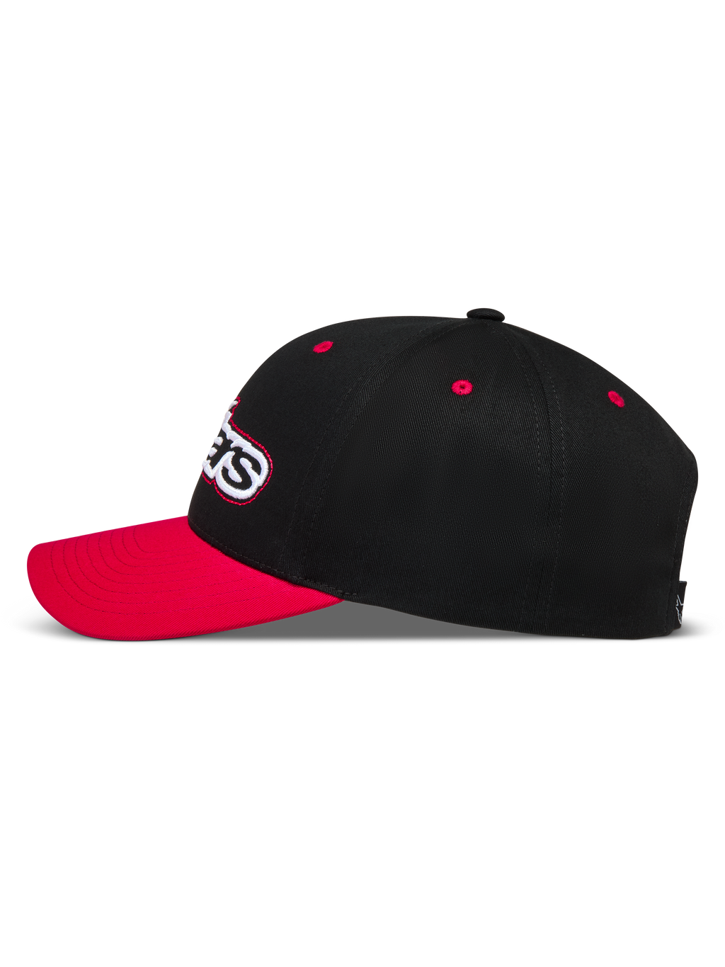 Alpinestars Retro Snapback Hat, sort og rød sportswear-kasket med buet skygge og struktureret krone i twill.