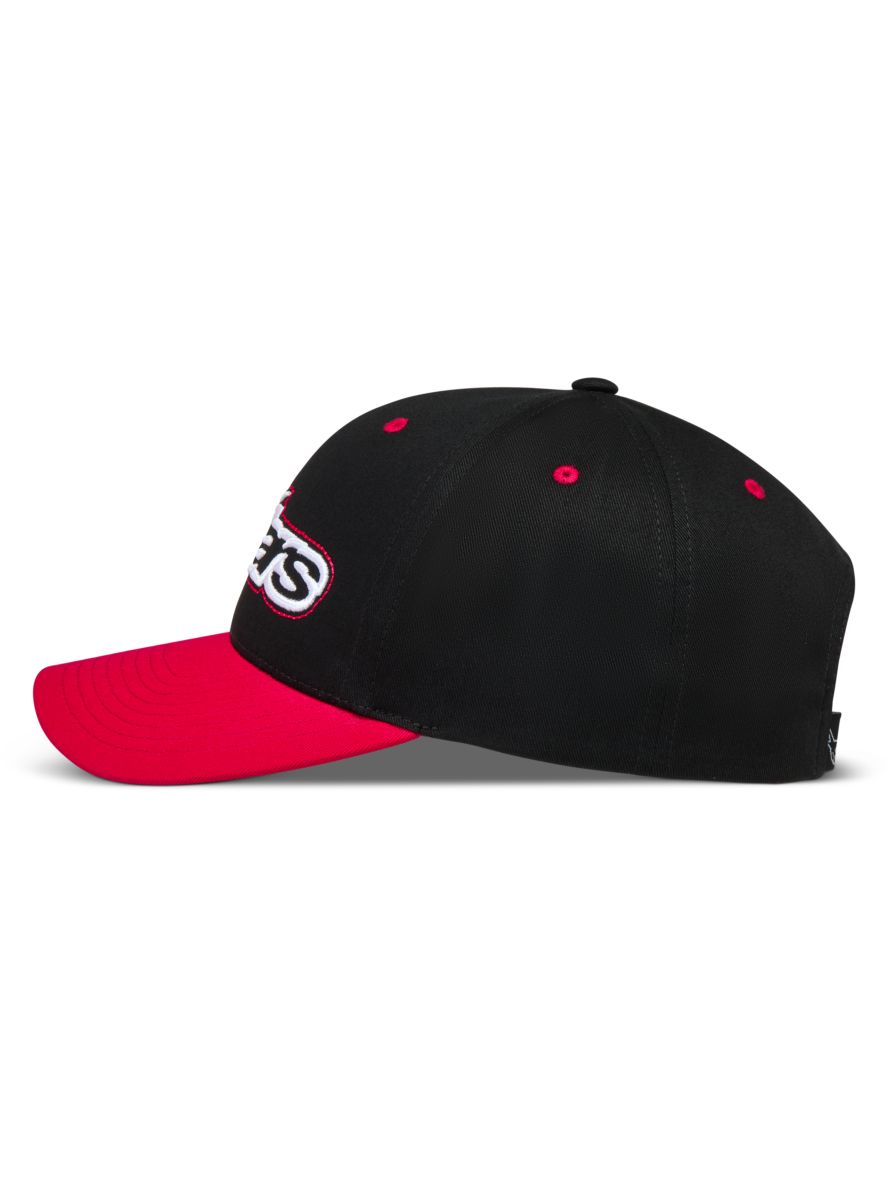 Alpinestars Retro Snapback Hat, sort og rød sportswear-kasket med buet skygge og struktureret krone i twill.