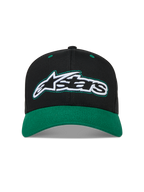 Alpinestars Retro Snapback Hat, Black and Green Sportswear Cap, Cotton Twill with a Curved Bill and Embroidered Logo.
