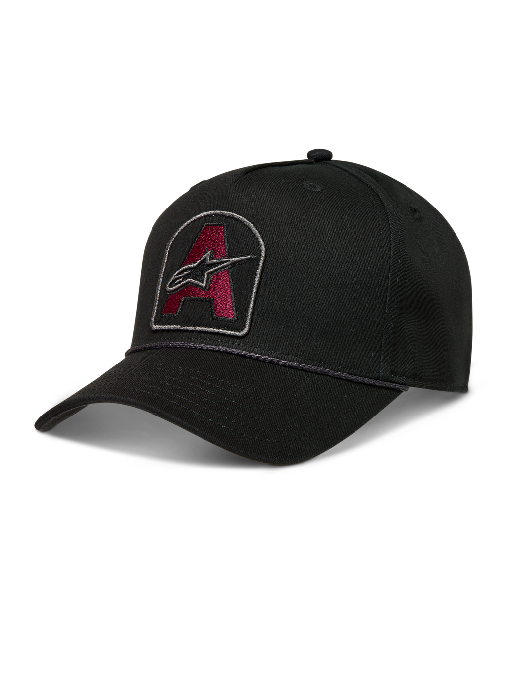 Alpinestars Acme snapback kasket, sort twillkasket med vinrødt broderet logomærke, buet skygge og rebkant.