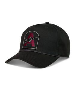 Alpinestars Acme Snapback Hat, black twill cap featuring a burgundy embroidered logo patch, curved bill, and rope trim.