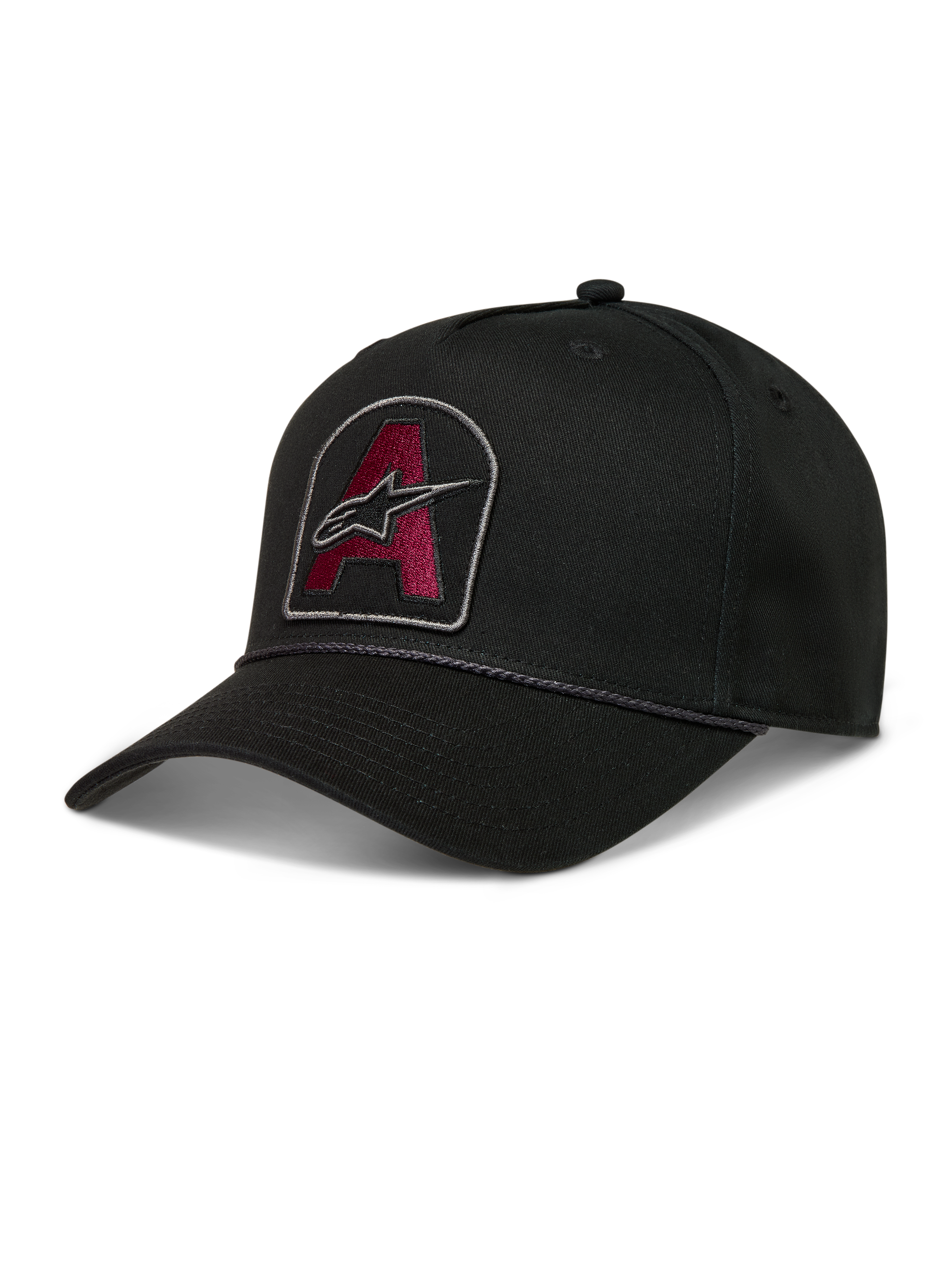 Alpinestars Acme snapback kasket, sort twillkasket med vinrødt broderet logomærke, buet skygge og rebkant.