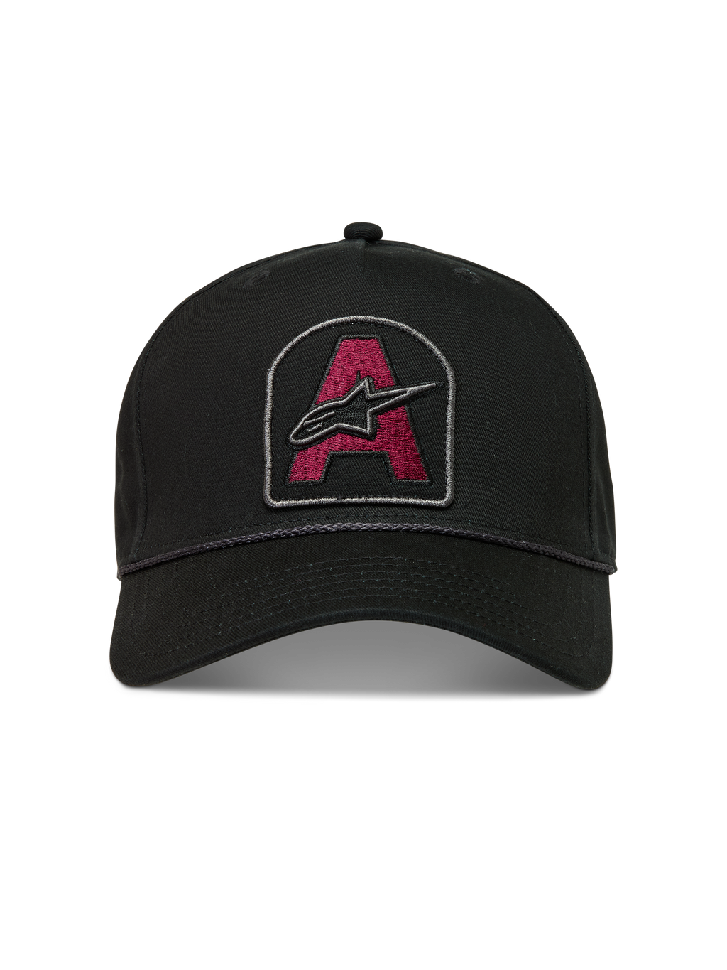 Alpinestars Acme Snapback, sort kasket med mørkerødt broderet logo, buet skygge og rebkant.