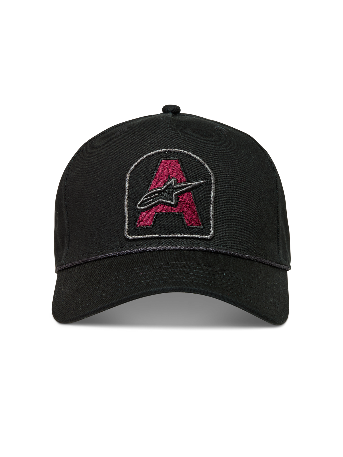 Alpinestars Acme Snapback, sort kasket med mørkerødt broderet logo, buet skygge og rebkant.