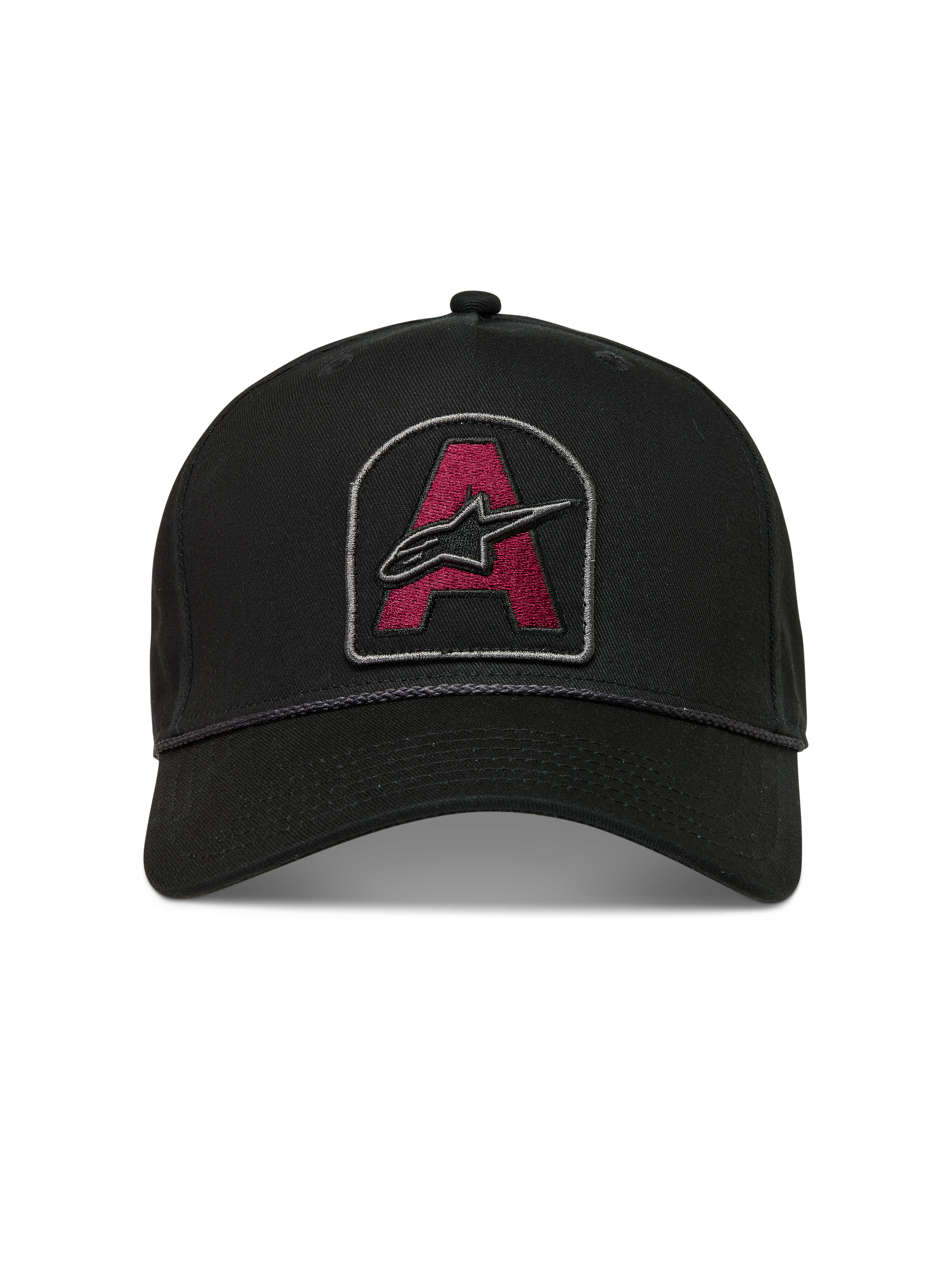 Alpinestars Acme Snapback, sort kasket med mørkerødt broderet logo, buet skygge og rebkant.