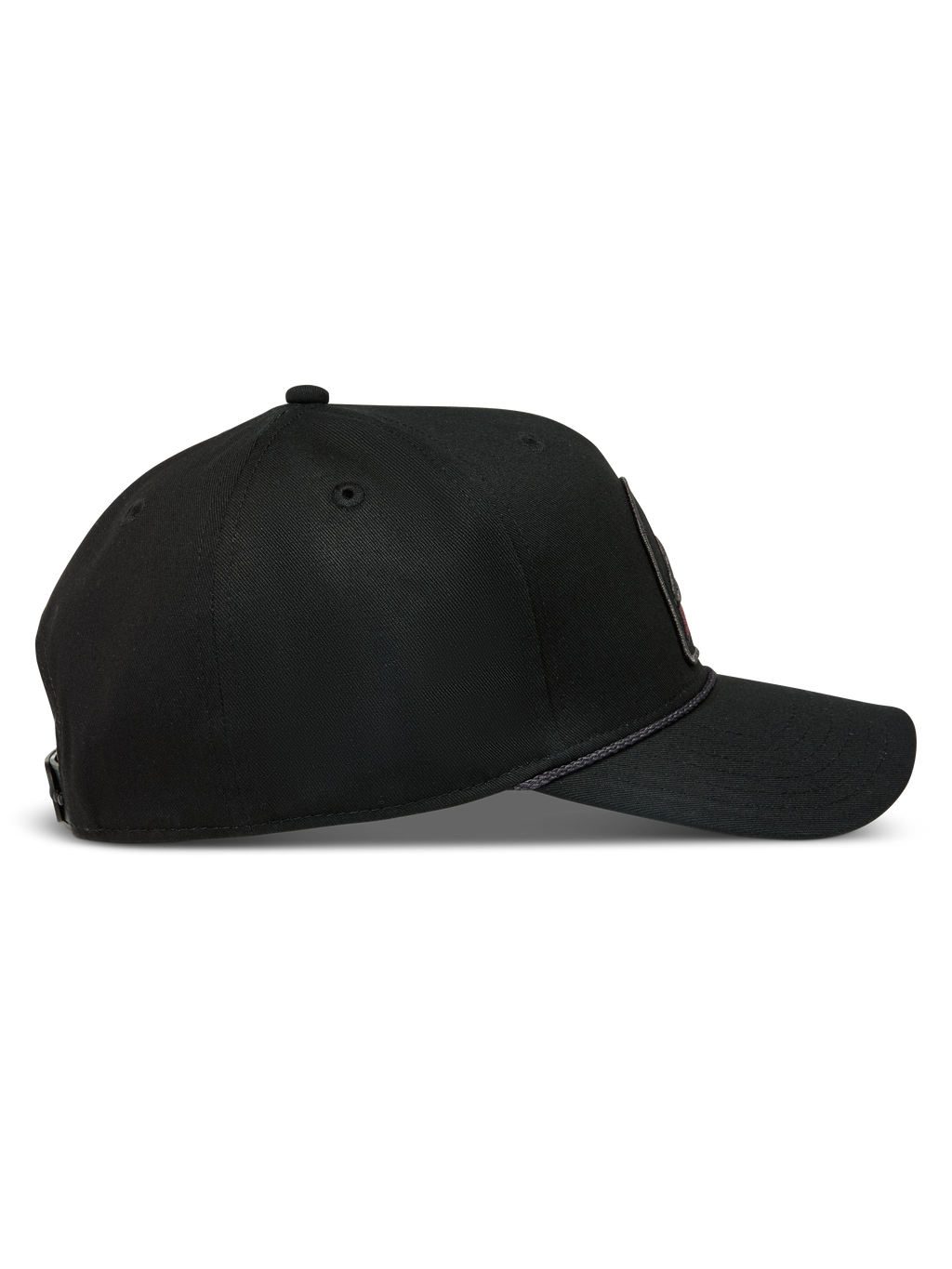 Alpinestars Acme Snapback, sort kasket i twill med buet skygge, struktureret krone og rebkant, set fra siden.