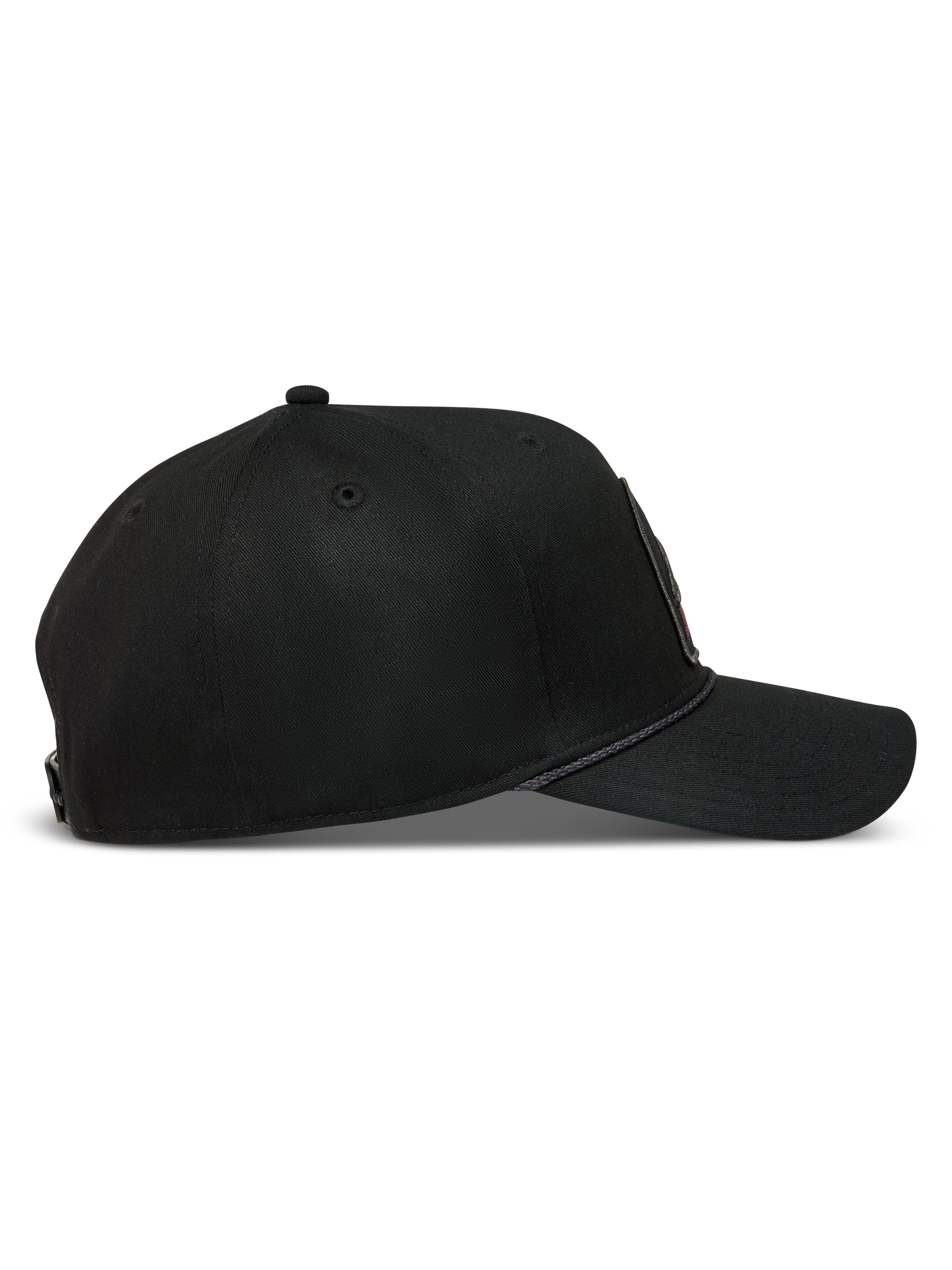 Alpinestars Acme Snapback, sort kasket i twill med buet skygge, struktureret krone og rebkant, set fra siden.
