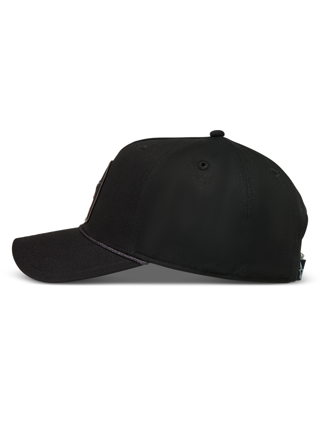 Alpinestars Acme Snapback, sort sportskasket set fra siden med struktureret krone, buet skygge og rebkant.