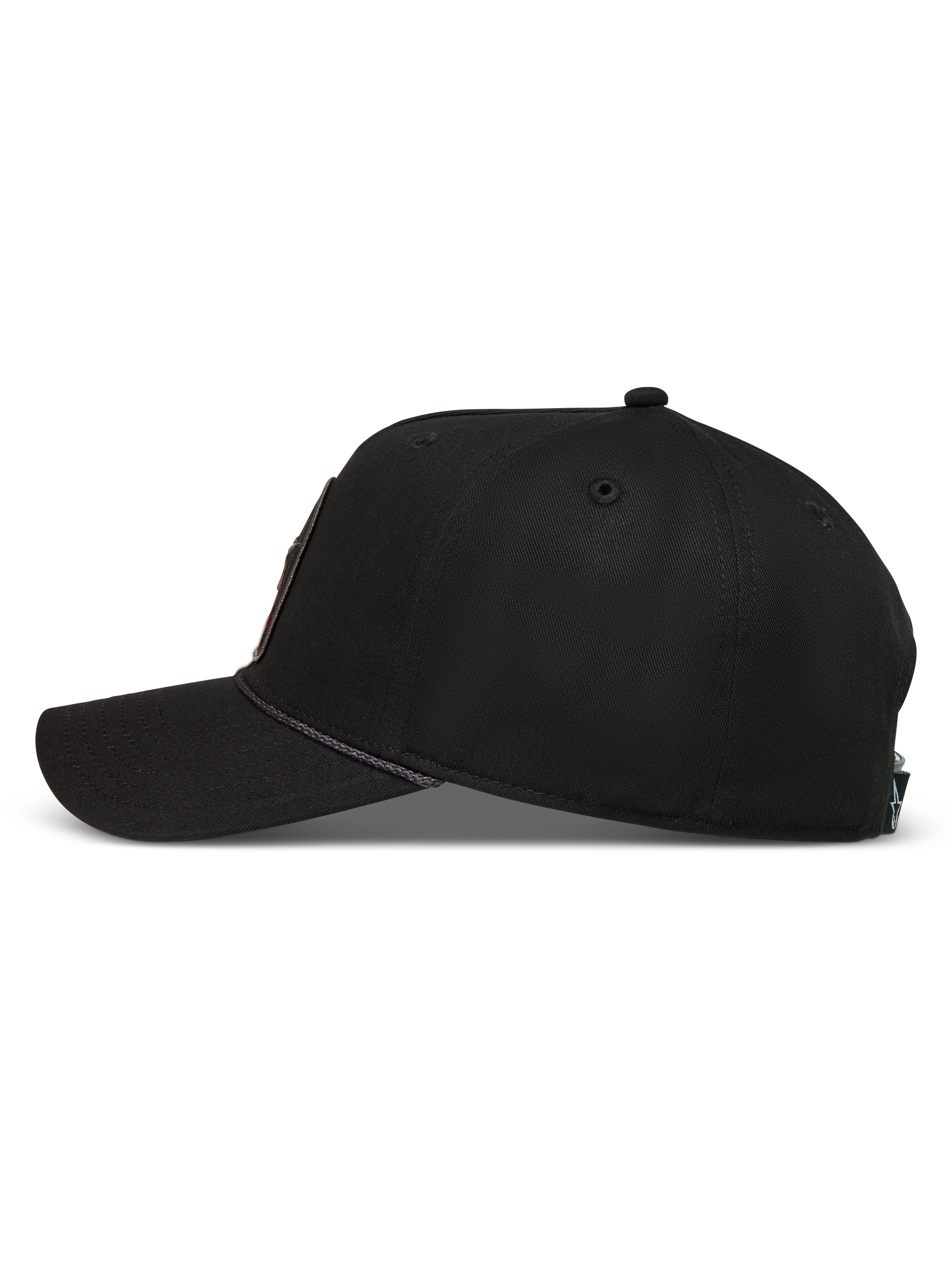 Alpinestars Acme Snapback, sort sportskasket set fra siden med struktureret krone, buet skygge og rebkant.