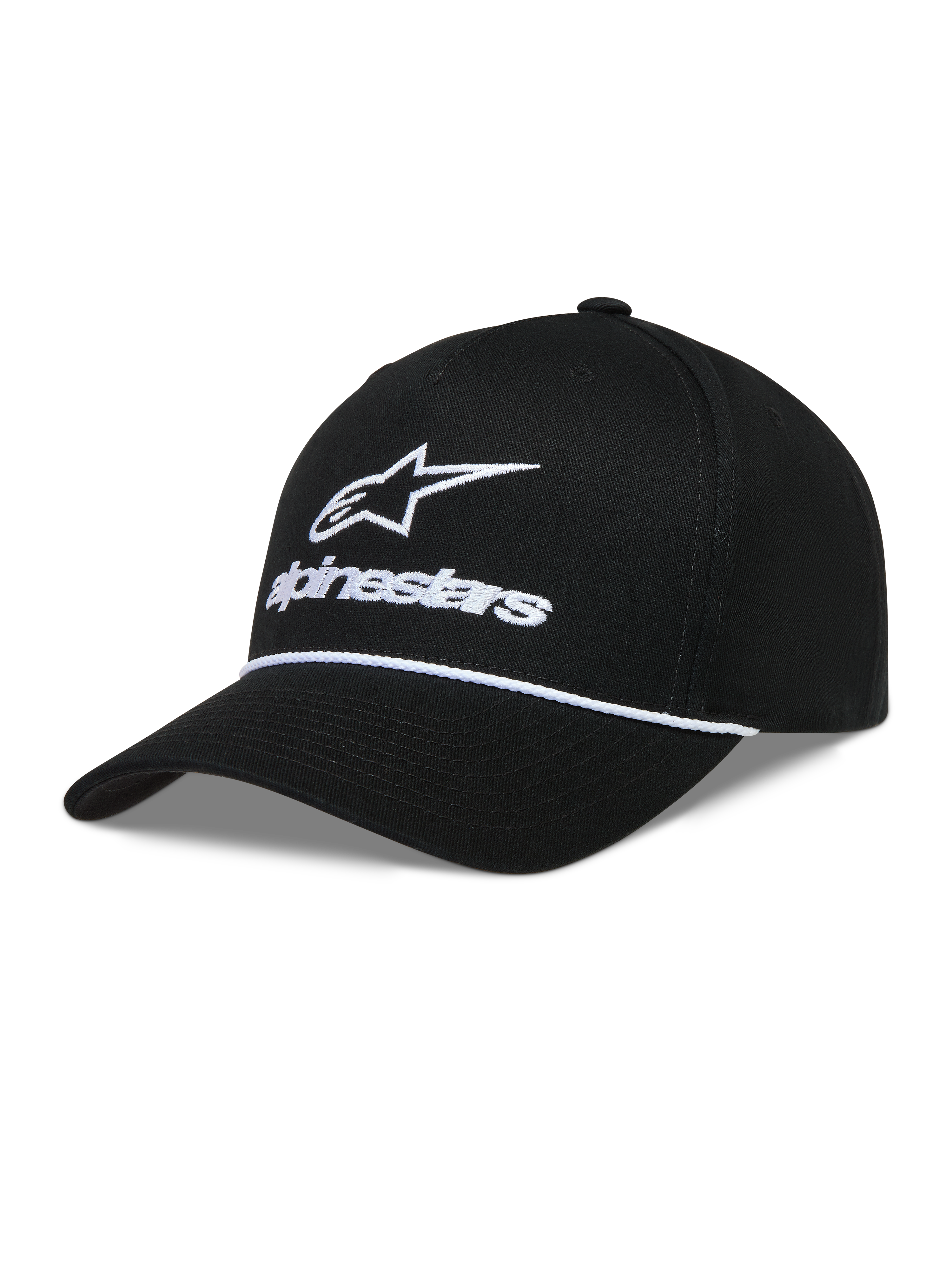 Alpinestars Combo Logo Snapback kasket, sort med hvidt broderet logo og buet skygge i twillstof.