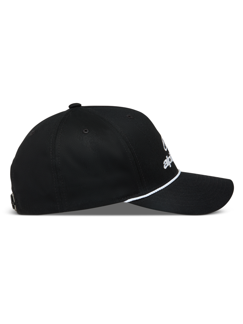 Alpinestars Combo Logo Snapback Hat, sort kasket med buet skygge, hvid snordetalje og broderet logo, sideprofil