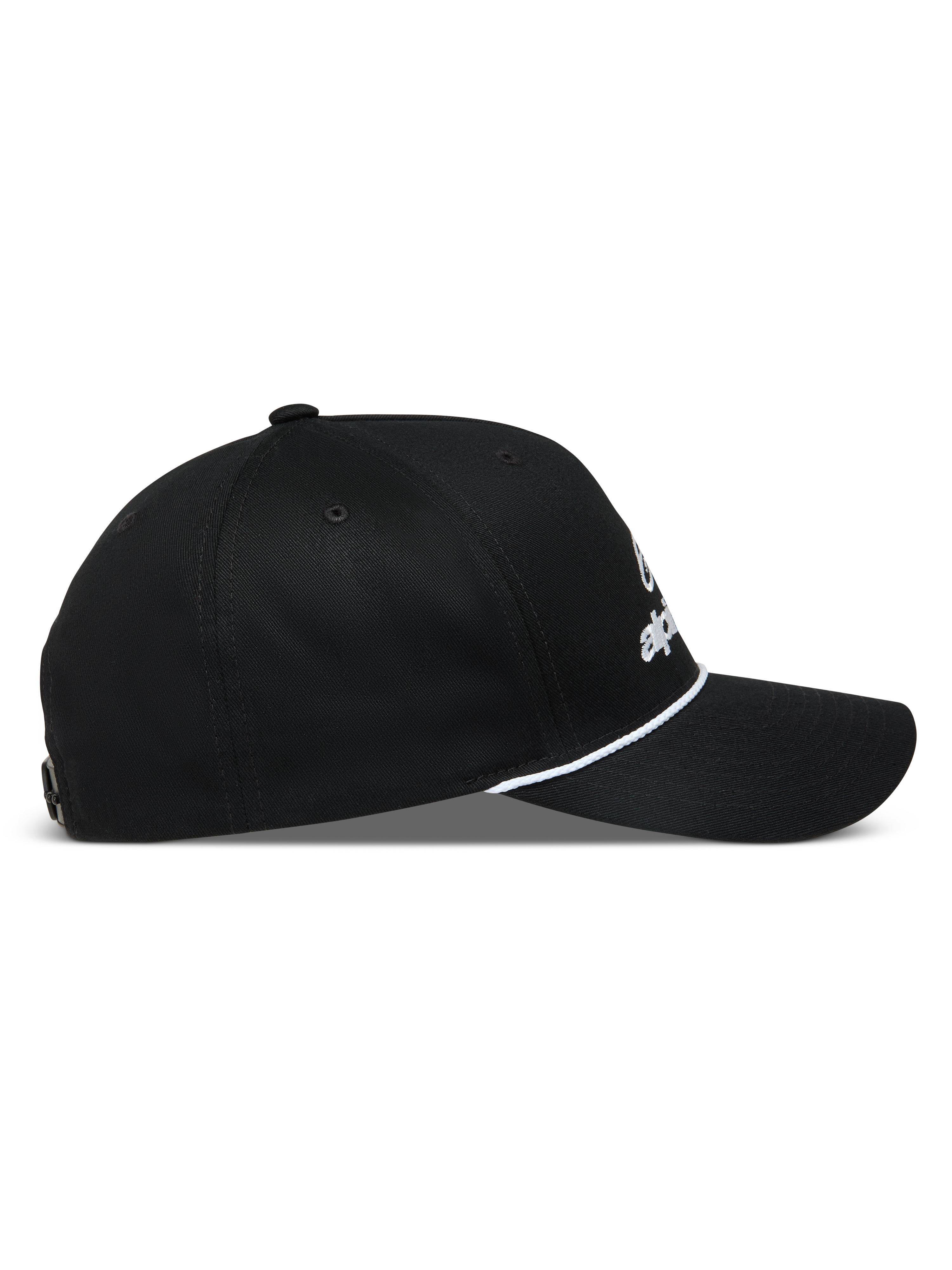 Alpinestars Combo Logo Snapback Hat, sort kasket med buet skygge, hvid snordetalje og broderet logo, sideprofil