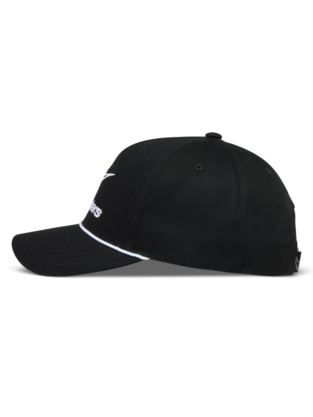 Alpinestars Combo Logo Snapback kasket, sort motorsport cap med buet skygge, hvid snoredetalje og struktureret krone.