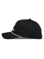 Alpinestars Combo Logo Snapback kasket, sort motorsport cap med buet skygge, hvid snoredetalje og struktureret krone.