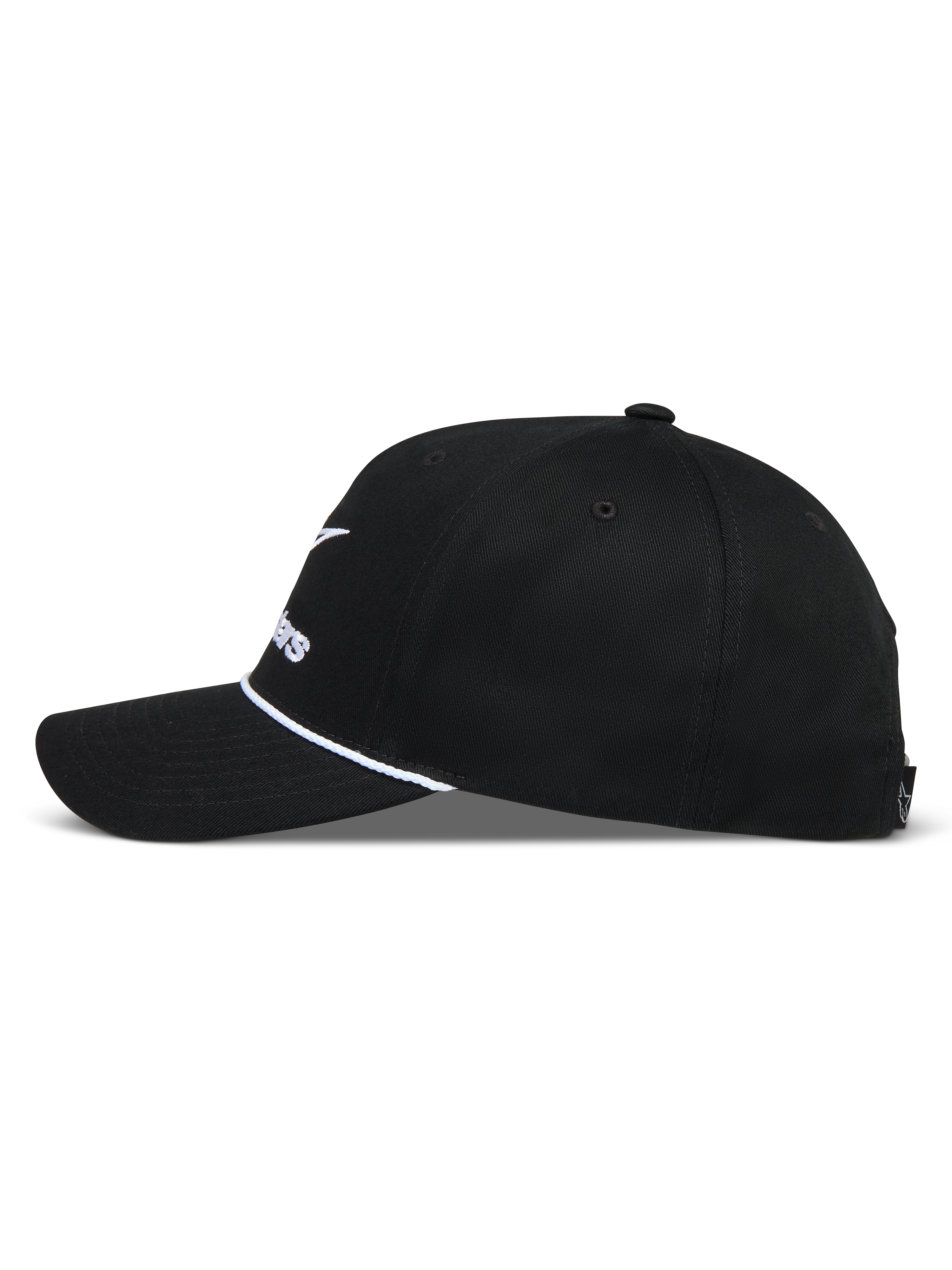 Alpinestars Combo Logo Snapback kasket, sort motorsport cap med buet skygge, hvid snoredetalje og struktureret krone.