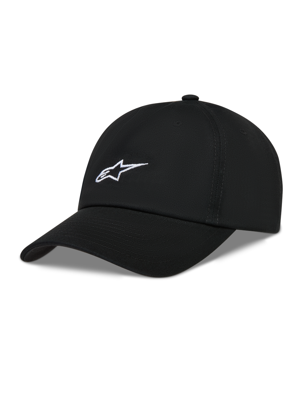 Alpinestars Dylan Dad Hat, sort ustruktureret twillkasket med hvidt Astars logobroderi og buet skygge.