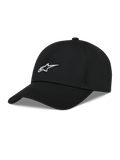 Alpinestars Dylan Dad Hat, sort ustruktureret twillkasket med hvidt Astars logobroderi og buet skygge.