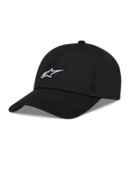 Alpinestars Dylan Dad Hat, sort ustruktureret twillkasket med hvidt Astars logobroderi og buet skygge.