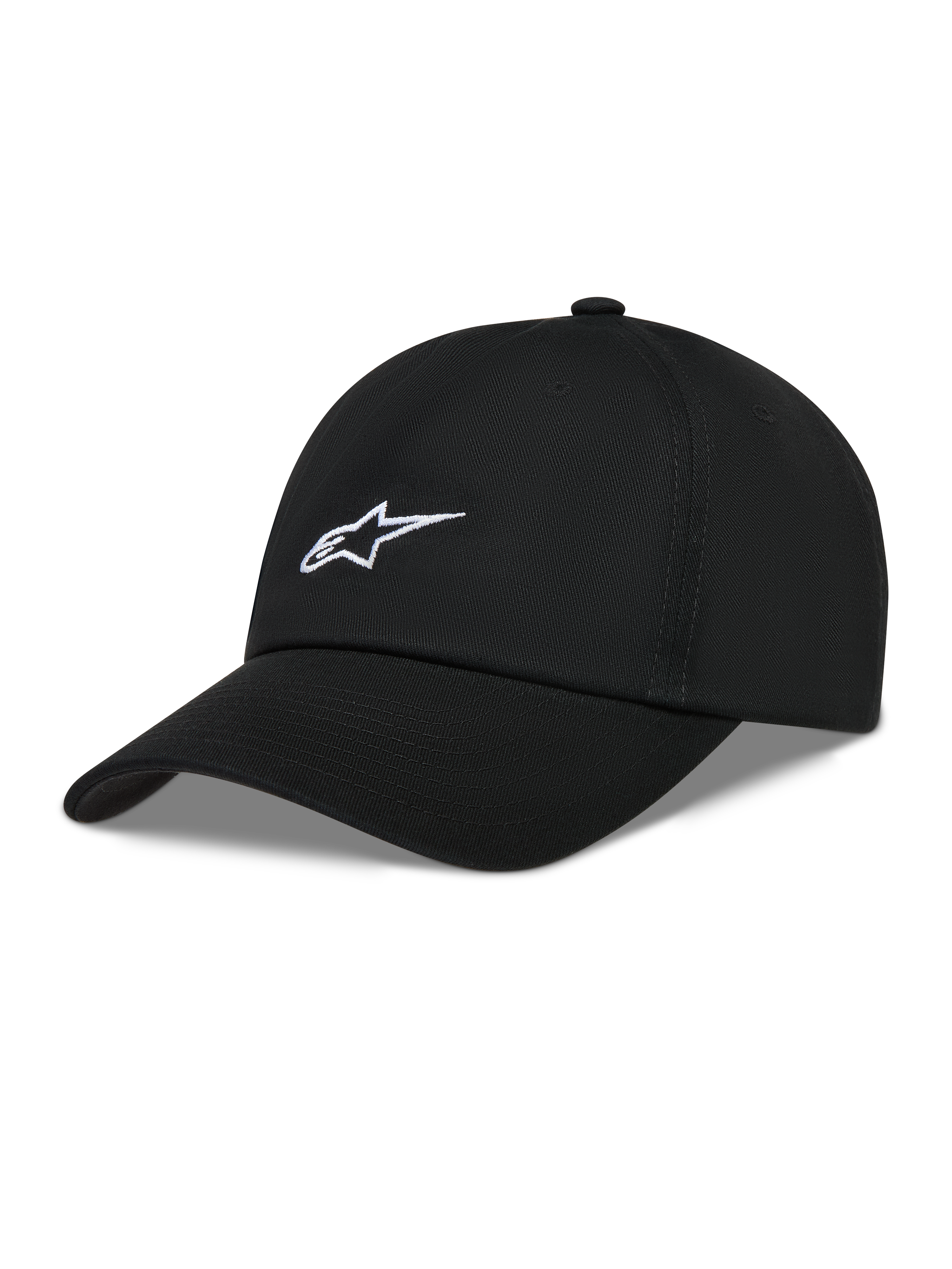 Alpinestars Dylan Dad Hat, sort ustruktureret twillkasket med hvidt Astars logobroderi og buet skygge.