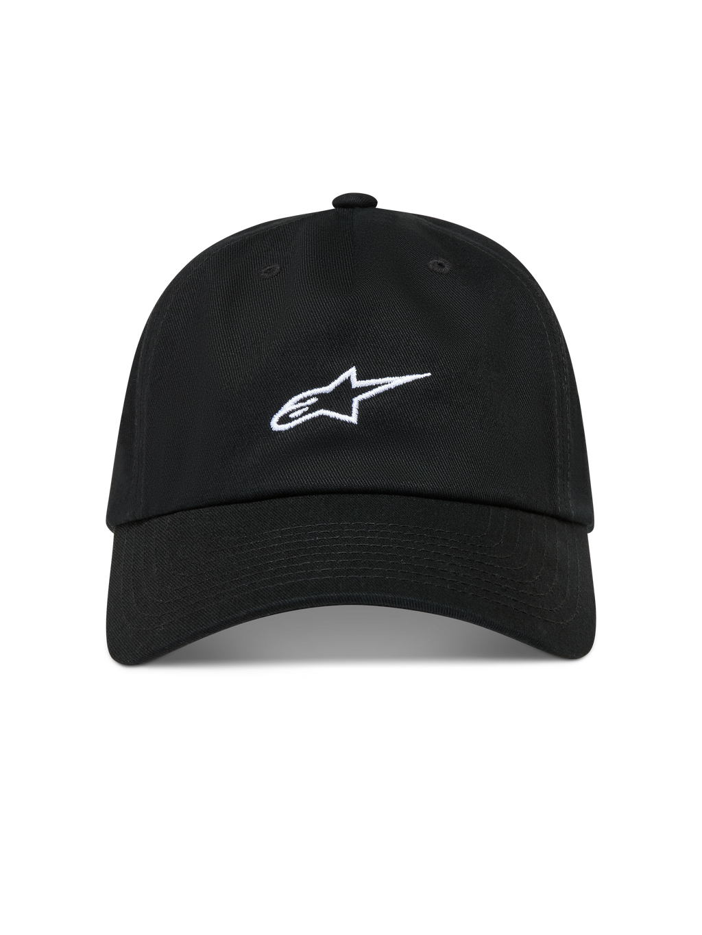 Alpinestars Dylan Dad Hat, kasket i sort bomuldstwill med hvidt broderet Astars-logo, ustruktureret krone og buet skygge.
