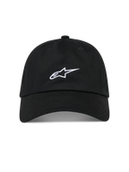 Alpinestars Dylan Dad Hat, kasket i sort bomuldstwill med hvidt broderet Astars-logo, ustruktureret krone og buet skygge.