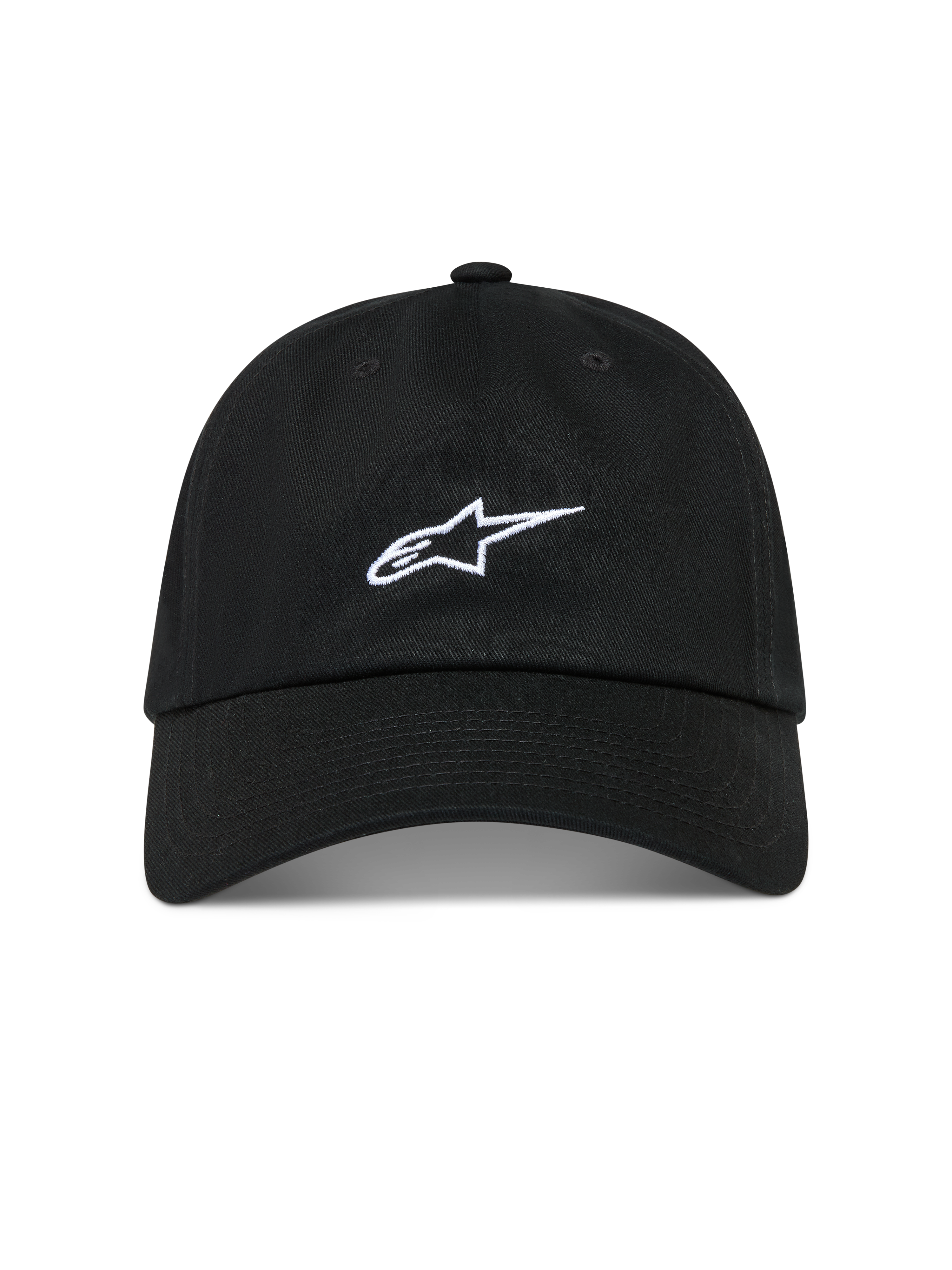 Alpinestars Dylan Dad Hat, kasket i sort bomuldstwill med hvidt broderet Astars-logo, ustruktureret krone og buet skygge.