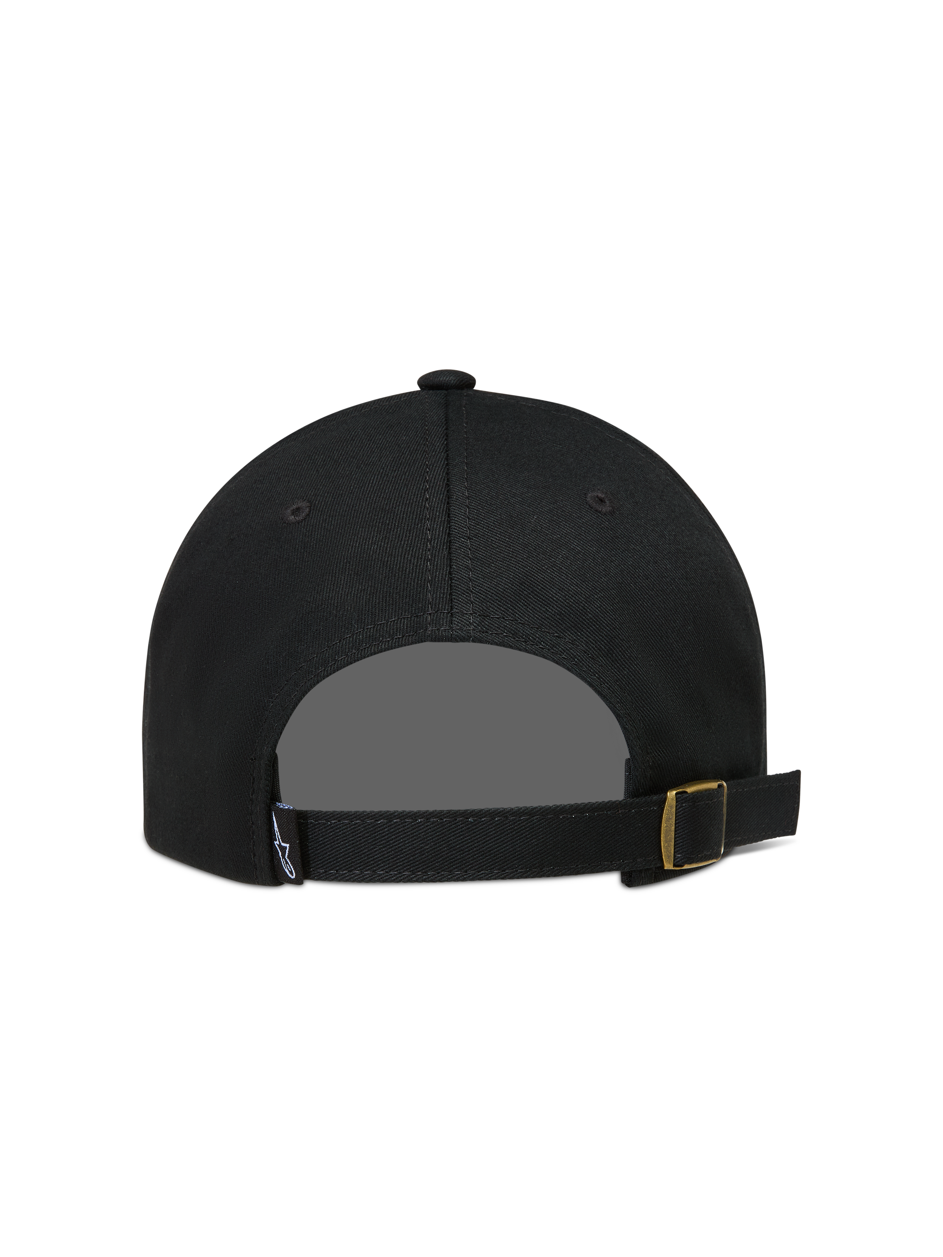 Alpinestars Dylan Dad Hat, sort twillkasket til sportstøj set bagfra med justerbar remlukning og metalspænde.