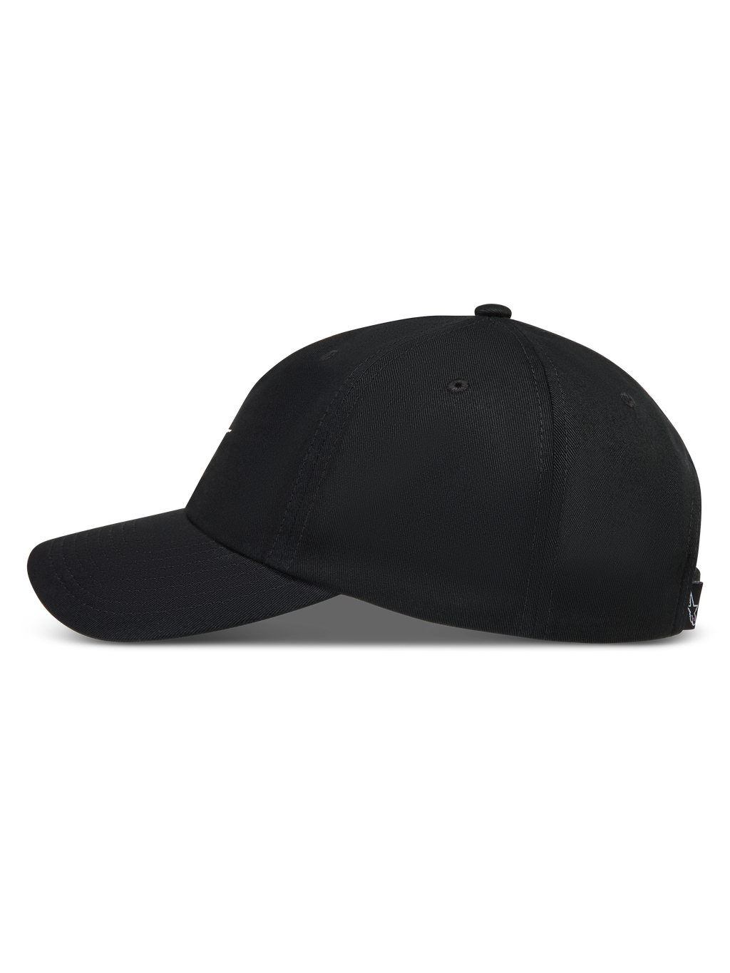 Alpinestars Dylan Dad Hat, sort kasket med buet skygge og ustruktureret twillkrone, set fra siden.
