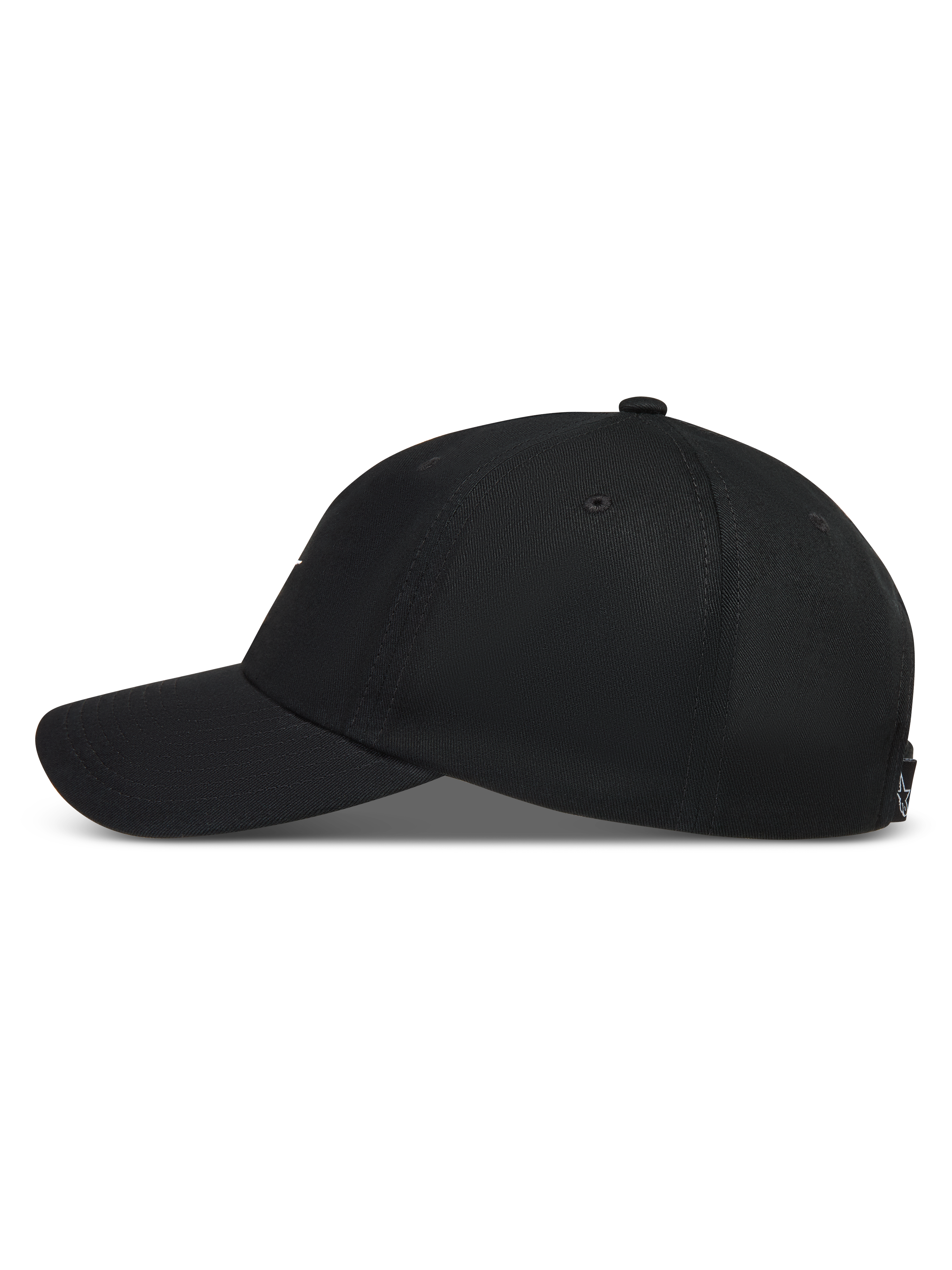 Alpinestars Dylan Dad Hat, sort kasket med buet skygge og ustruktureret twillkrone, set fra siden.