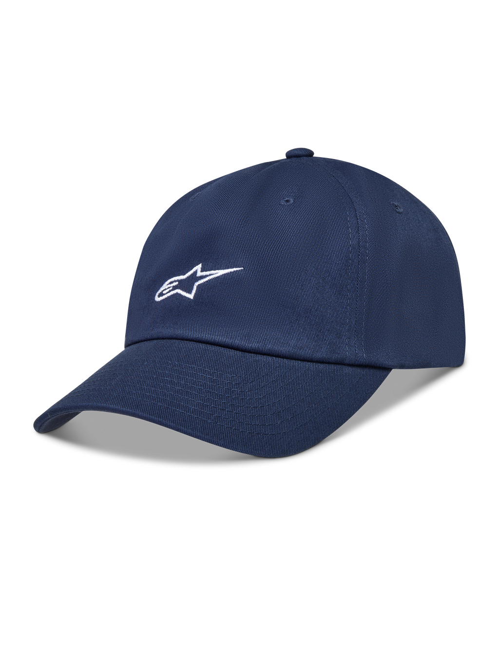 Alpinestars Dylan Dad Hat, mørkeblå sportskasket i twillstof med hvidt Astars-logo og buet skygge.