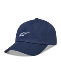 Alpinestars Dylan Dad Hat, mørkeblå sportskasket i twillstof med hvidt Astars-logo og buet skygge.
