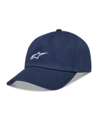 Alpinestars Dylan Dad Hat, mørkeblå sportskasket i twillstof med hvidt Astars-logo og buet skygge.