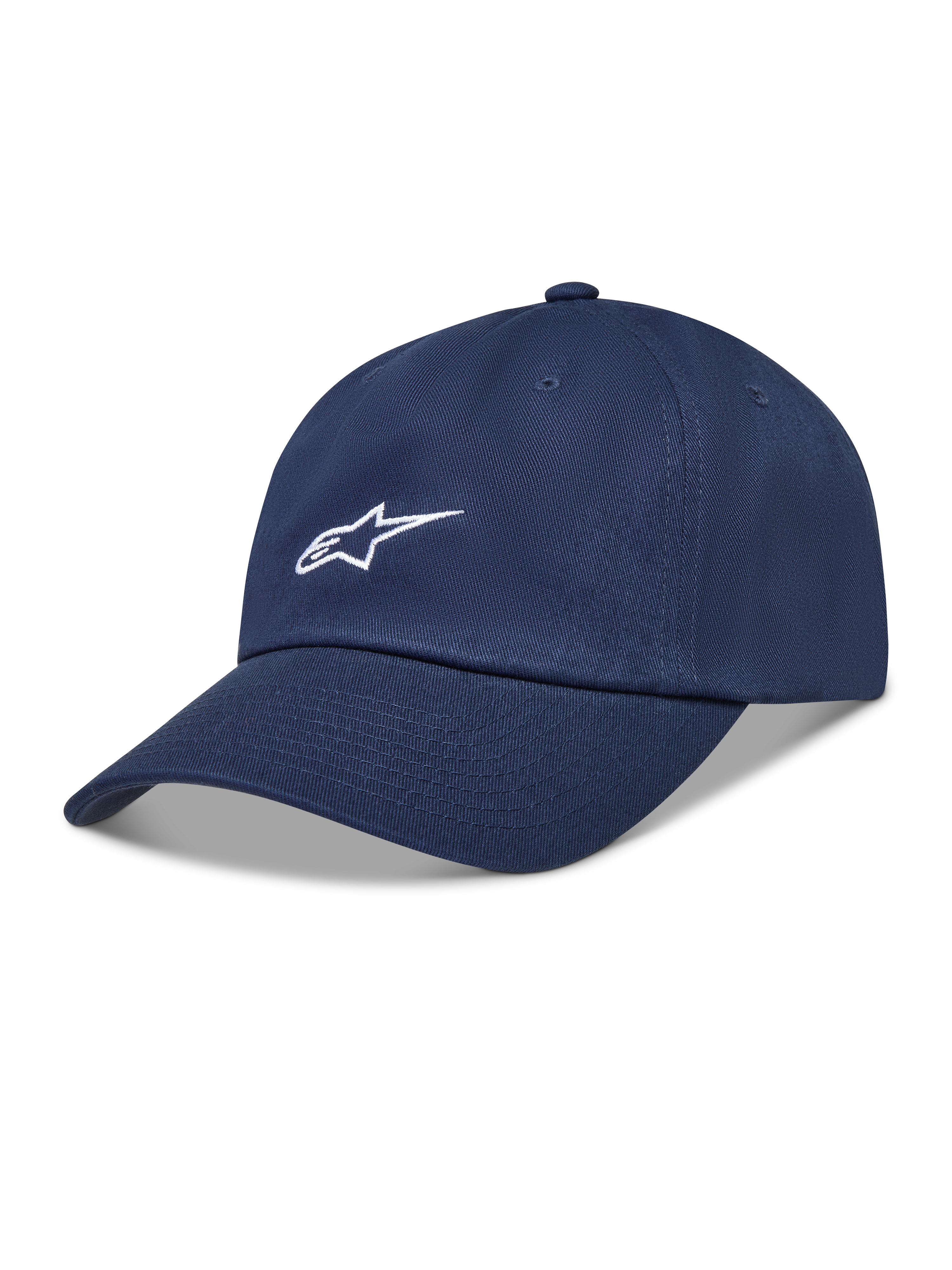 Alpinestars Dylan Dad Hat, mørkeblå sportskasket i twillstof med hvidt Astars-logo og buet skygge.