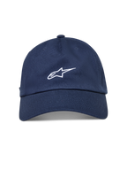 Alpinestars Dylan Dad Hat, mørkeblå sportskasket med buet skygge, ustruktureret krone og hvidt broderet Astars-logo.