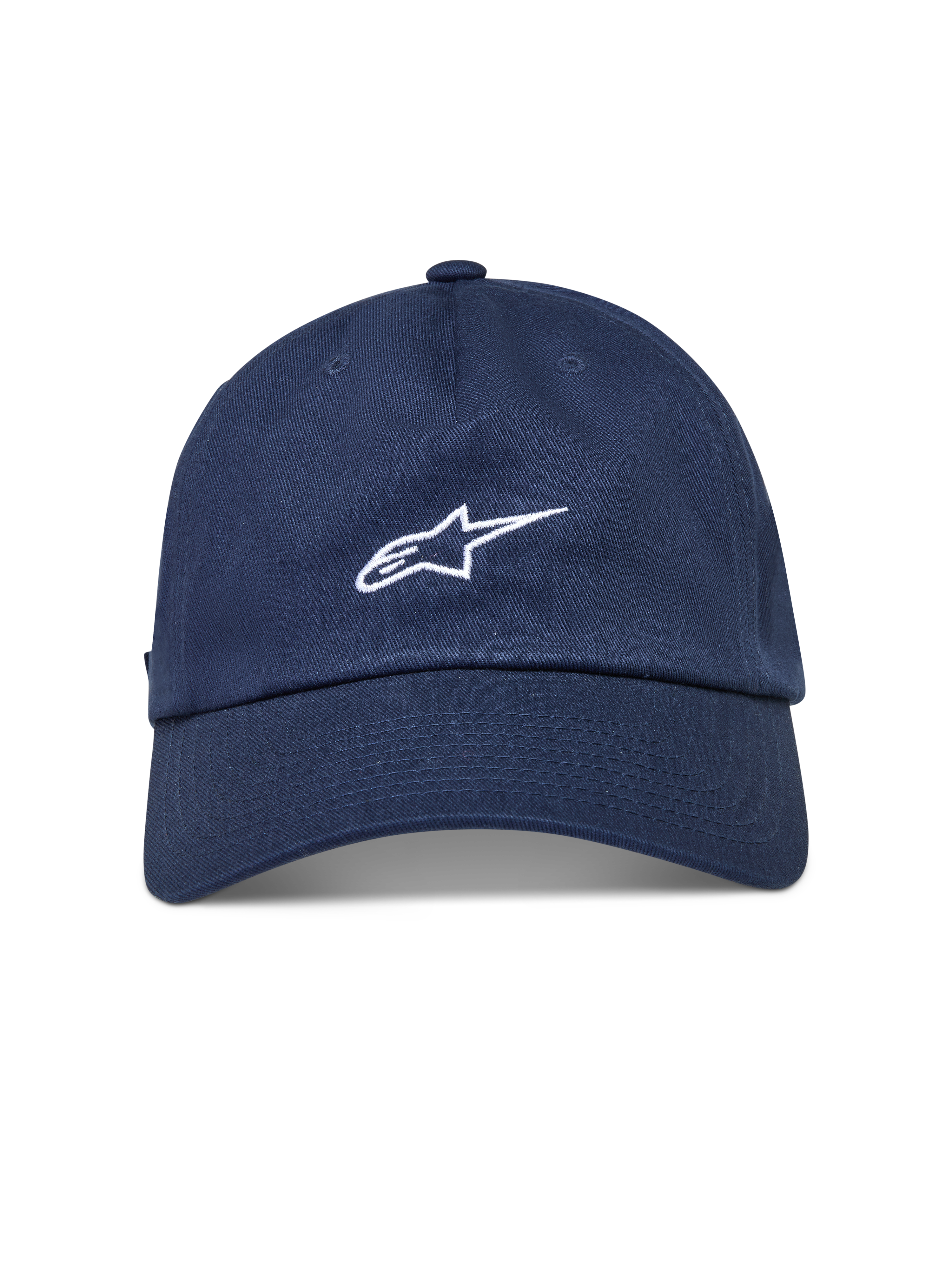 Alpinestars Dylan Dad Hat, mørkeblå sportskasket med buet skygge, ustruktureret krone og hvidt broderet Astars-logo.