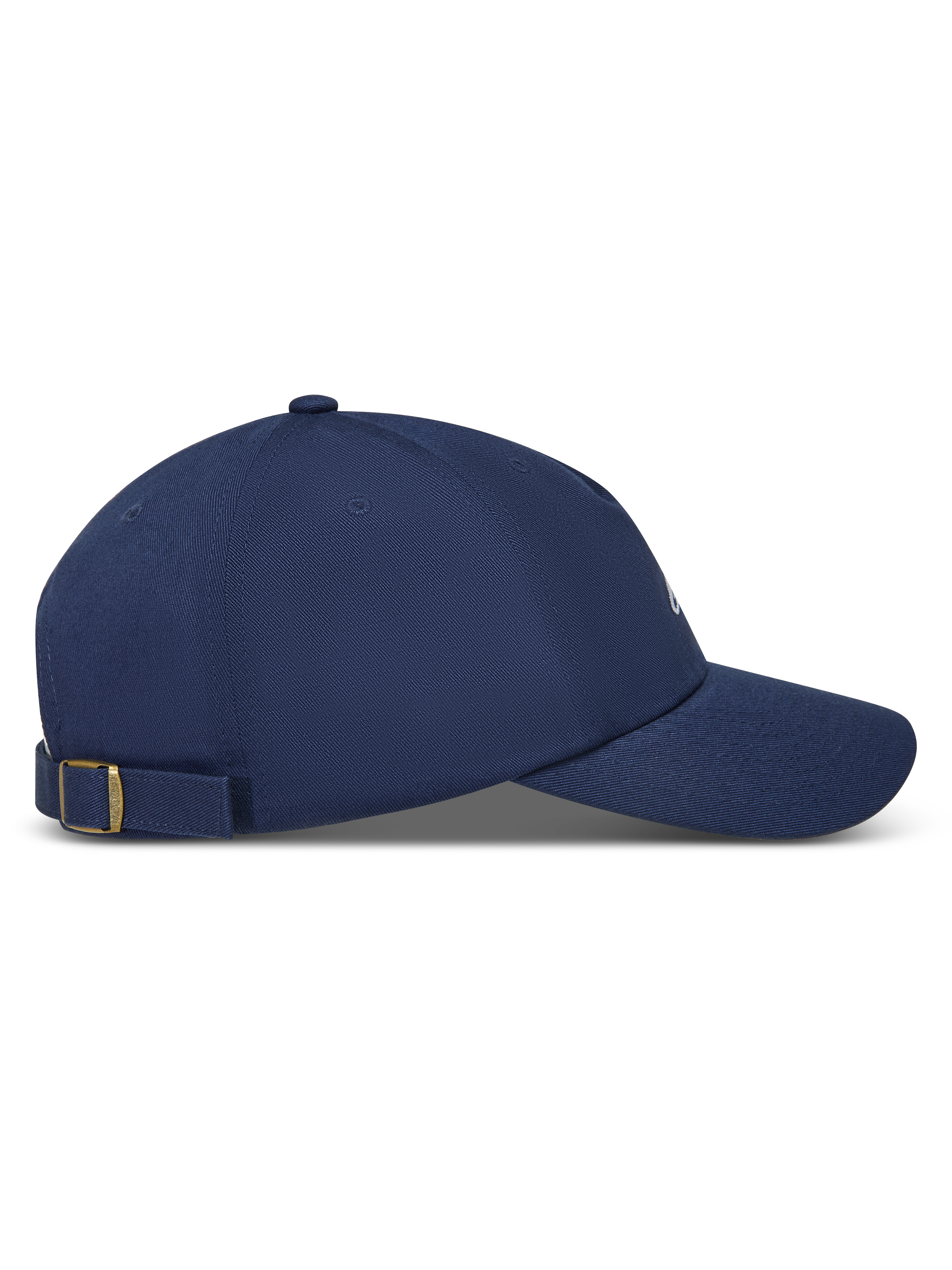 Alpinestars Dylan Dad Hat, mørkeblå kasket i bomuldstwill med buet skygge og remlukning, sideprofil.