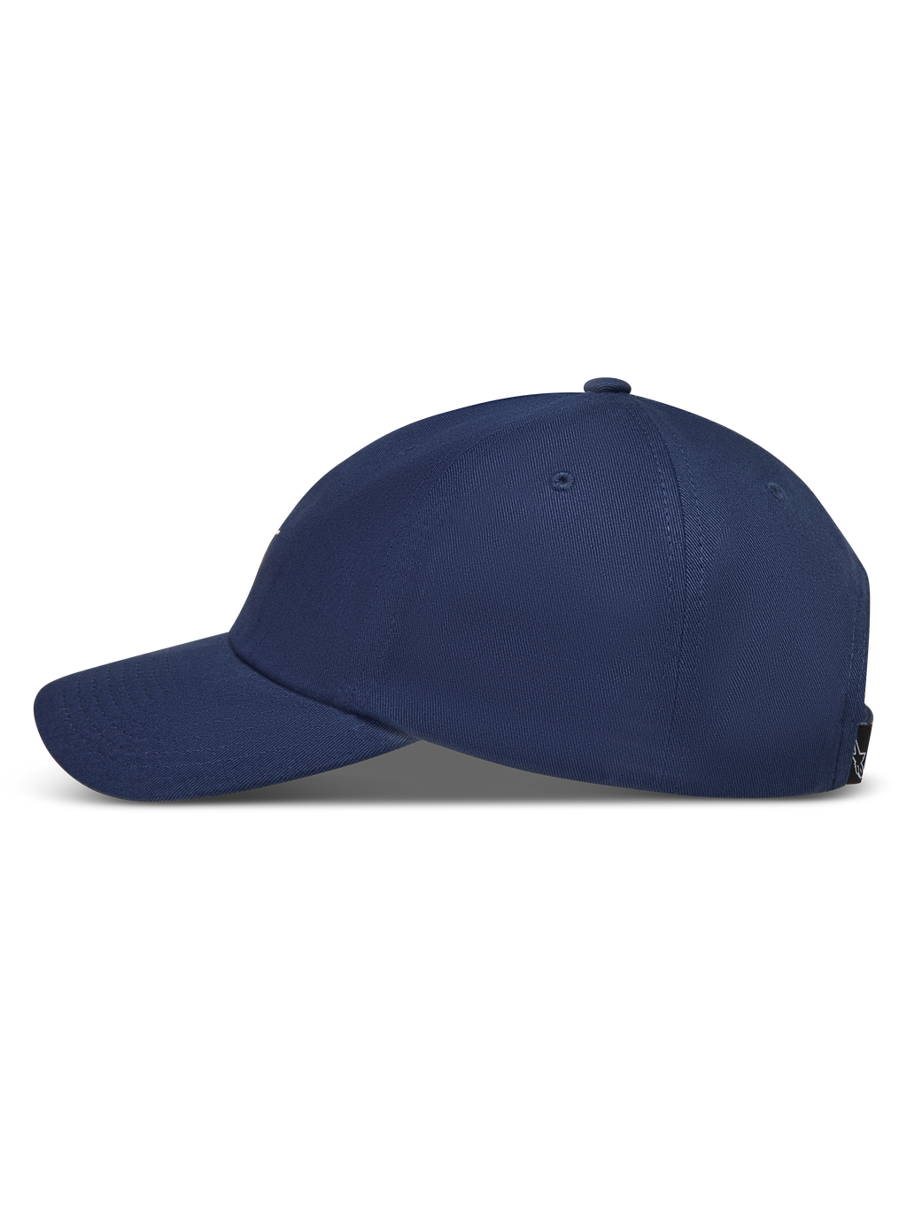 Alpinestars Dylan Dad Hat, mørkeblå kasket med buet skygge og ustruktureret krone, set fra siden.