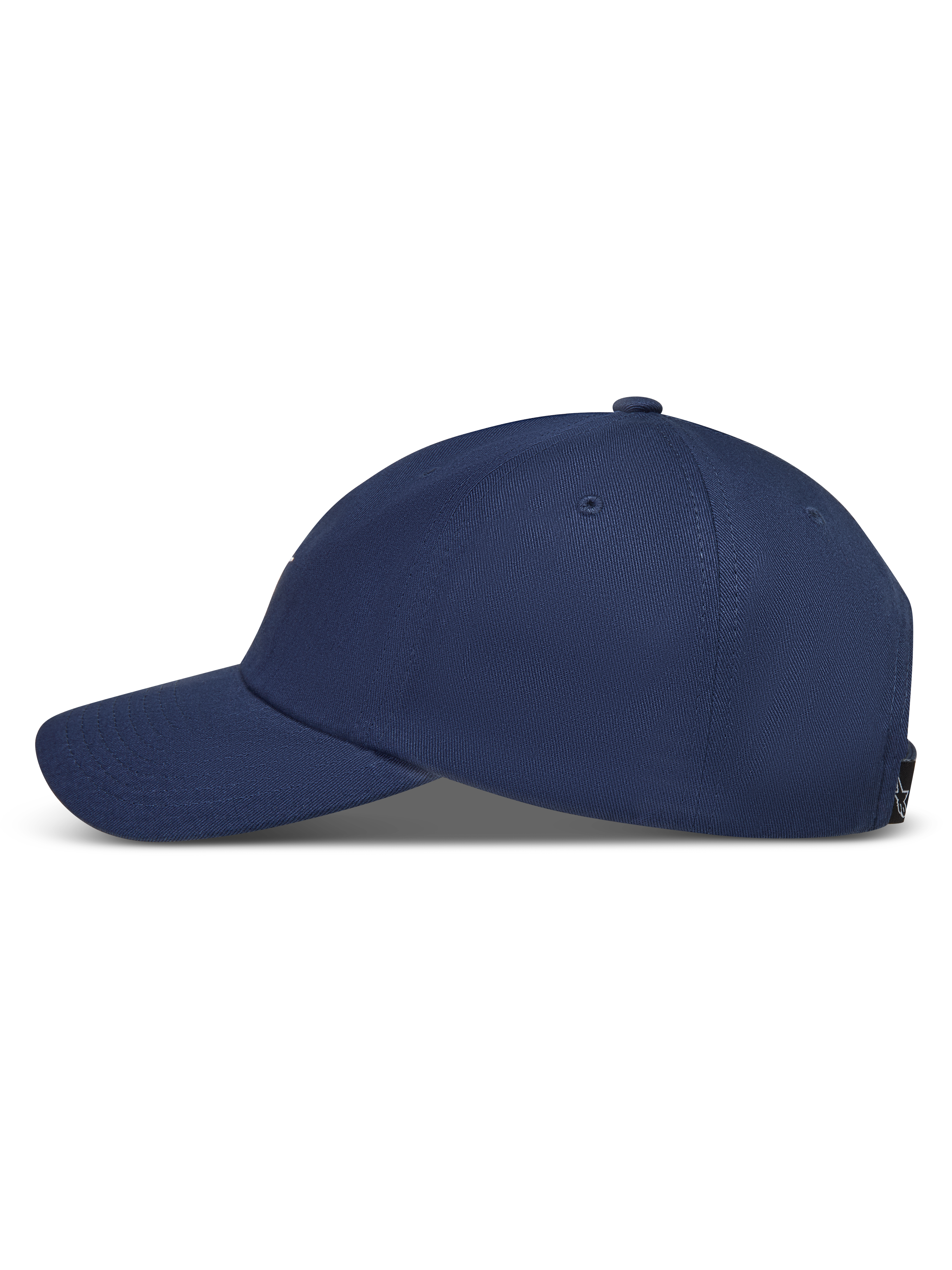 Alpinestars Dylan Dad Hat, mørkeblå kasket med buet skygge og ustruktureret krone, set fra siden.