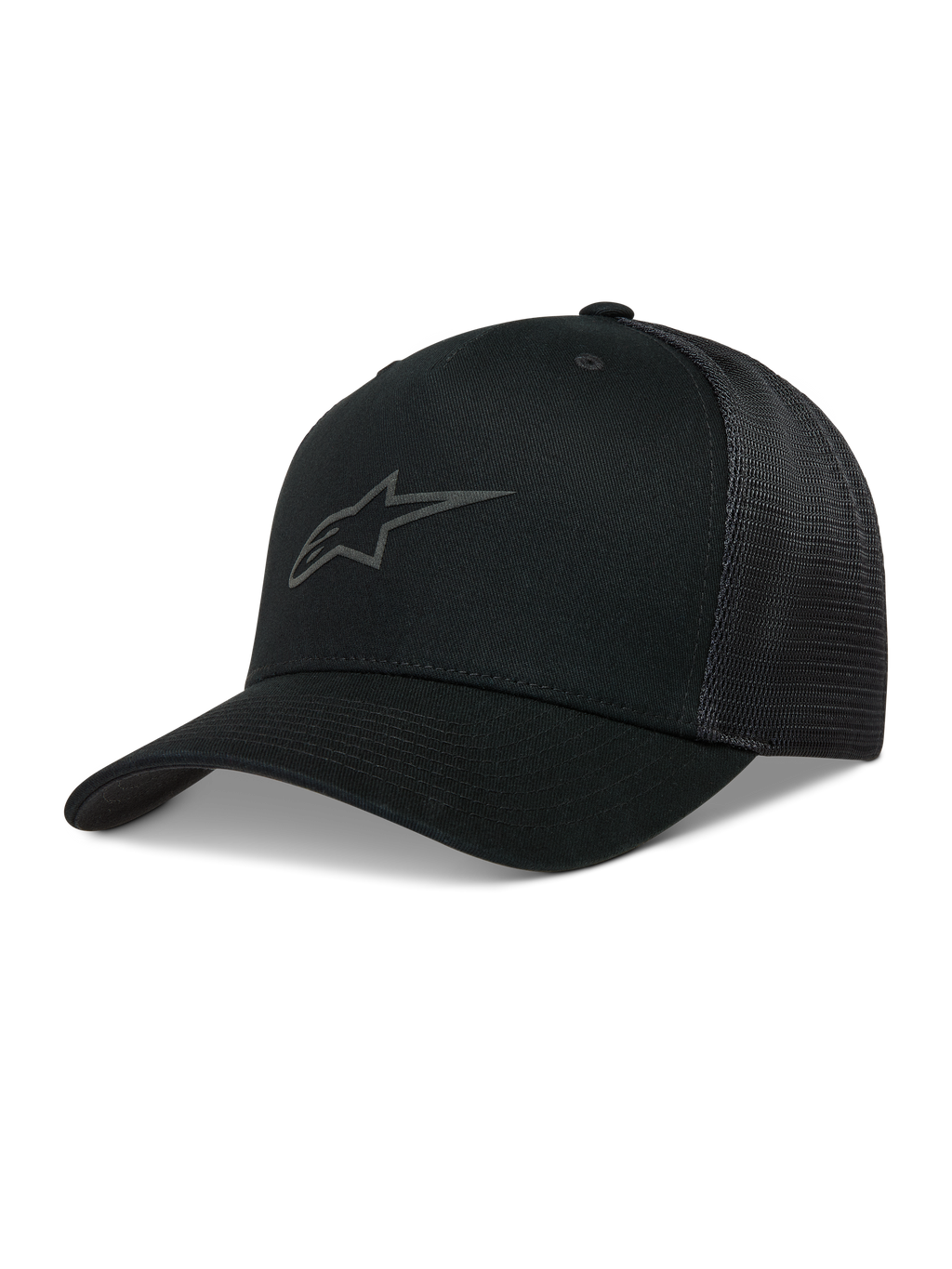 Alpinestars Augment Trucker kasket, sort med buet skygge, twill-front og diamantnet på bagsiden, tekstureret puff print logo, motorsport sportstøj.