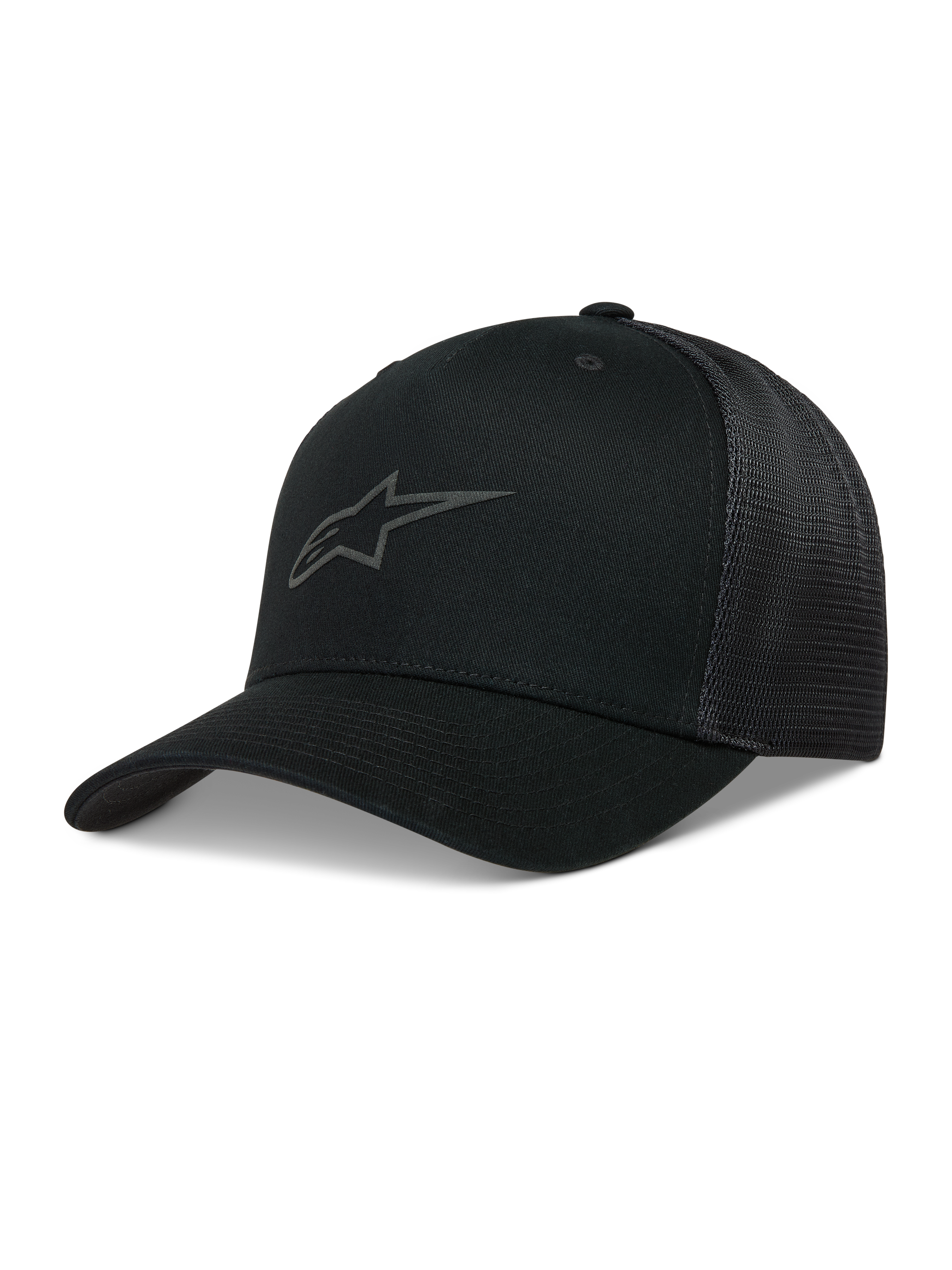 Alpinestars Augment Trucker kasket, sort med buet skygge, twill-front og diamantnet på bagsiden, tekstureret puff print logo, motorsport sportstøj.