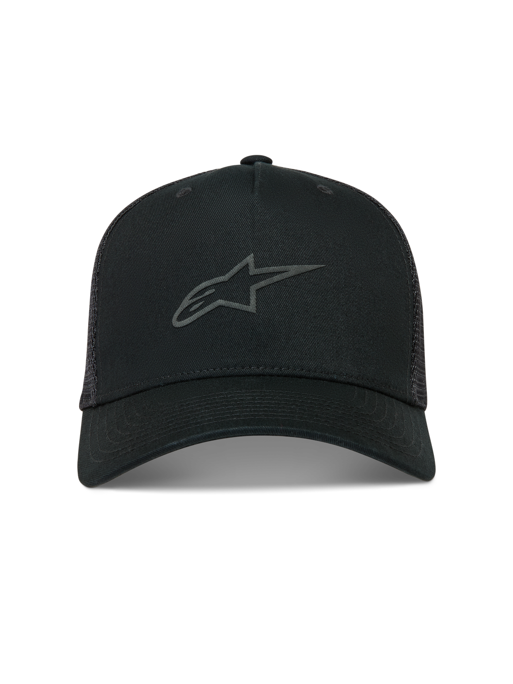 Alpinestars Augment Trucker cap, sort kasket med buet skygge, mesh-bagside og tekstureret puff print Astars-logo på fronten.