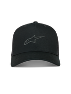 Alpinestars Augment Trucker cap, sort kasket med buet skygge, mesh-bagside og tekstureret puff print Astars-logo på fronten.