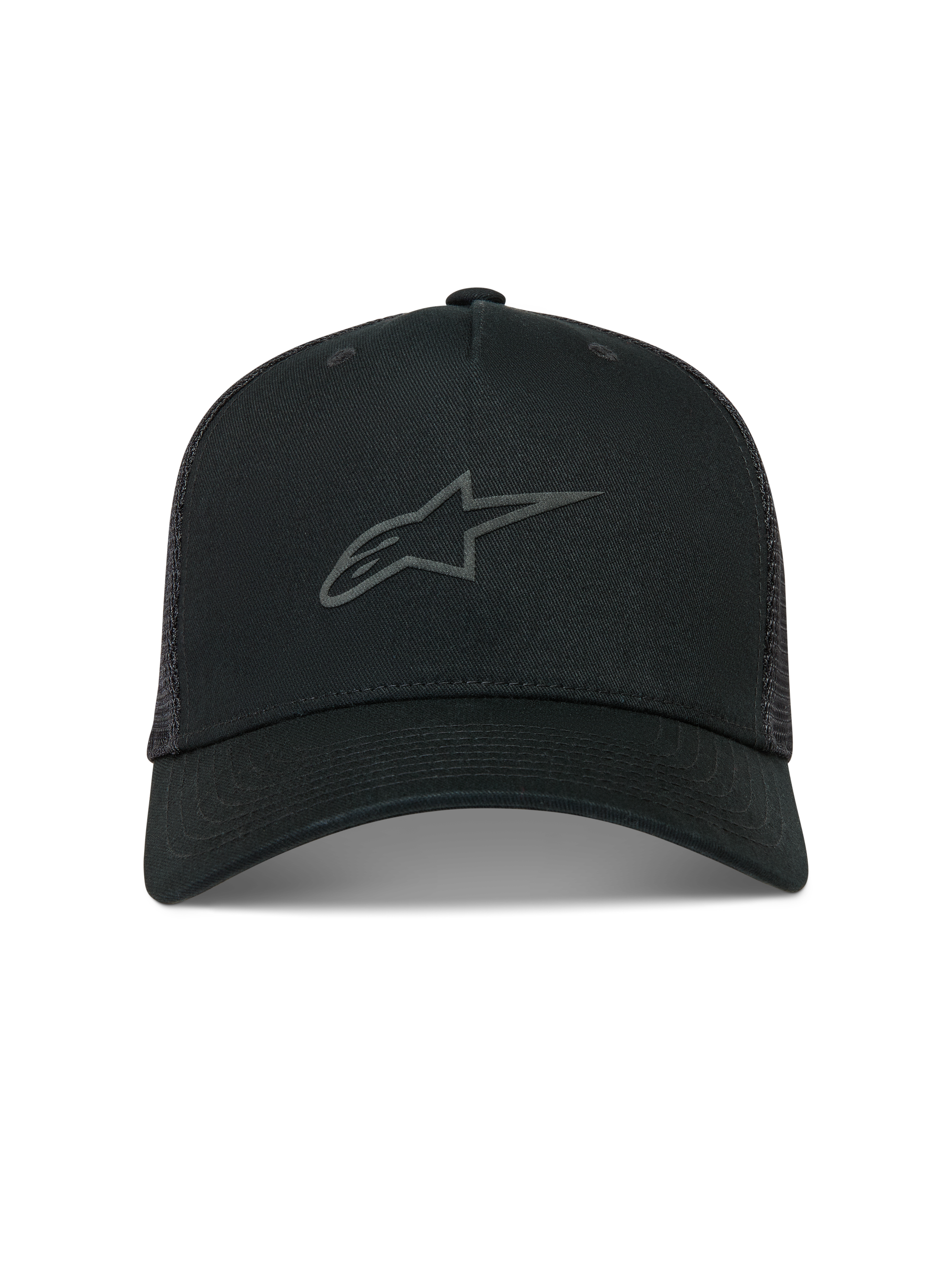 Alpinestars Augment Trucker cap, sort kasket med buet skygge, mesh-bagside og tekstureret puff print Astars-logo på fronten.