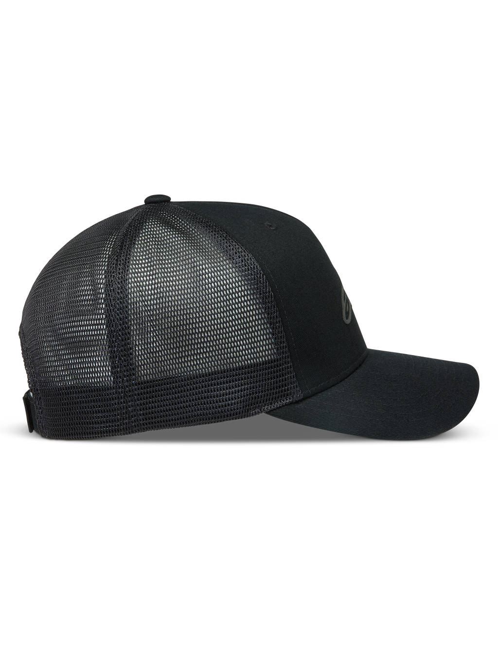 Alpinestars Augment Trucker cap, sort kasket med buet skygge, twill-front og diamantnet bagpå, afslappet motorsport sportstøj.