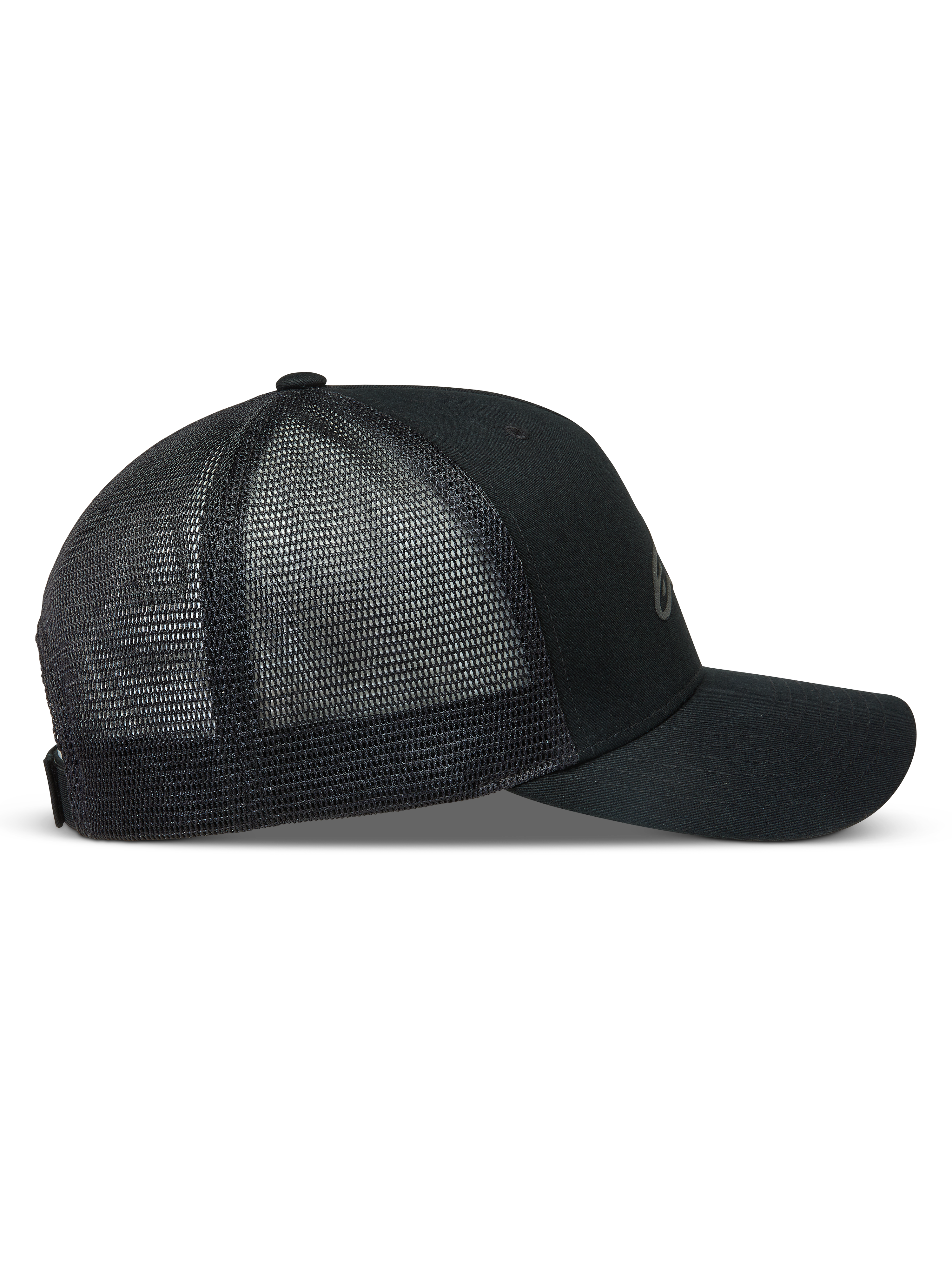 Alpinestars Augment Trucker cap, sort kasket med buet skygge, twill-front og diamantnet bagpå, afslappet motorsport sportstøj.