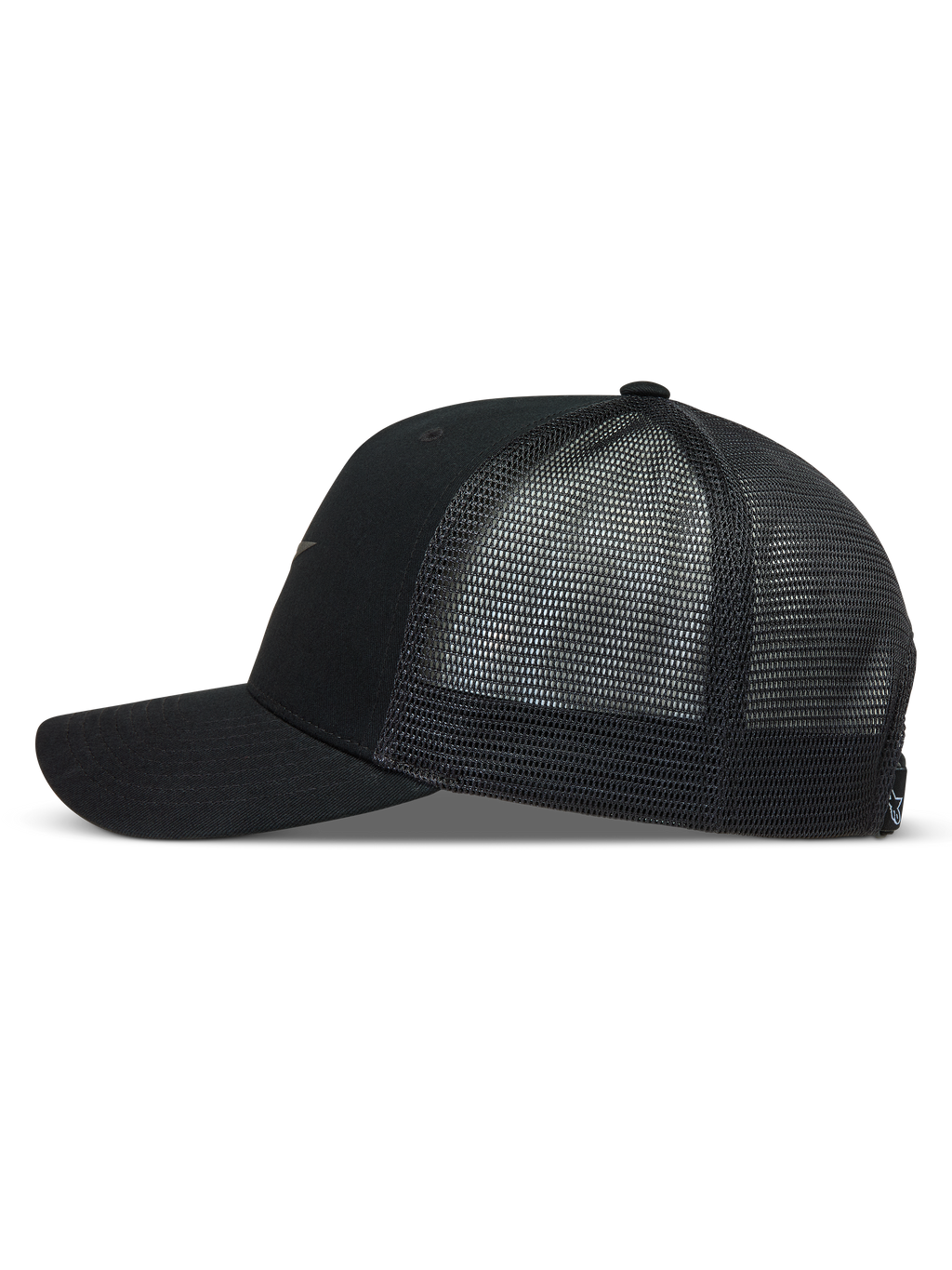 Alpinestars Augment Trucker Hat, sort kasket med buet skygge, twill-front og åndbart diamantnet bagpanel.