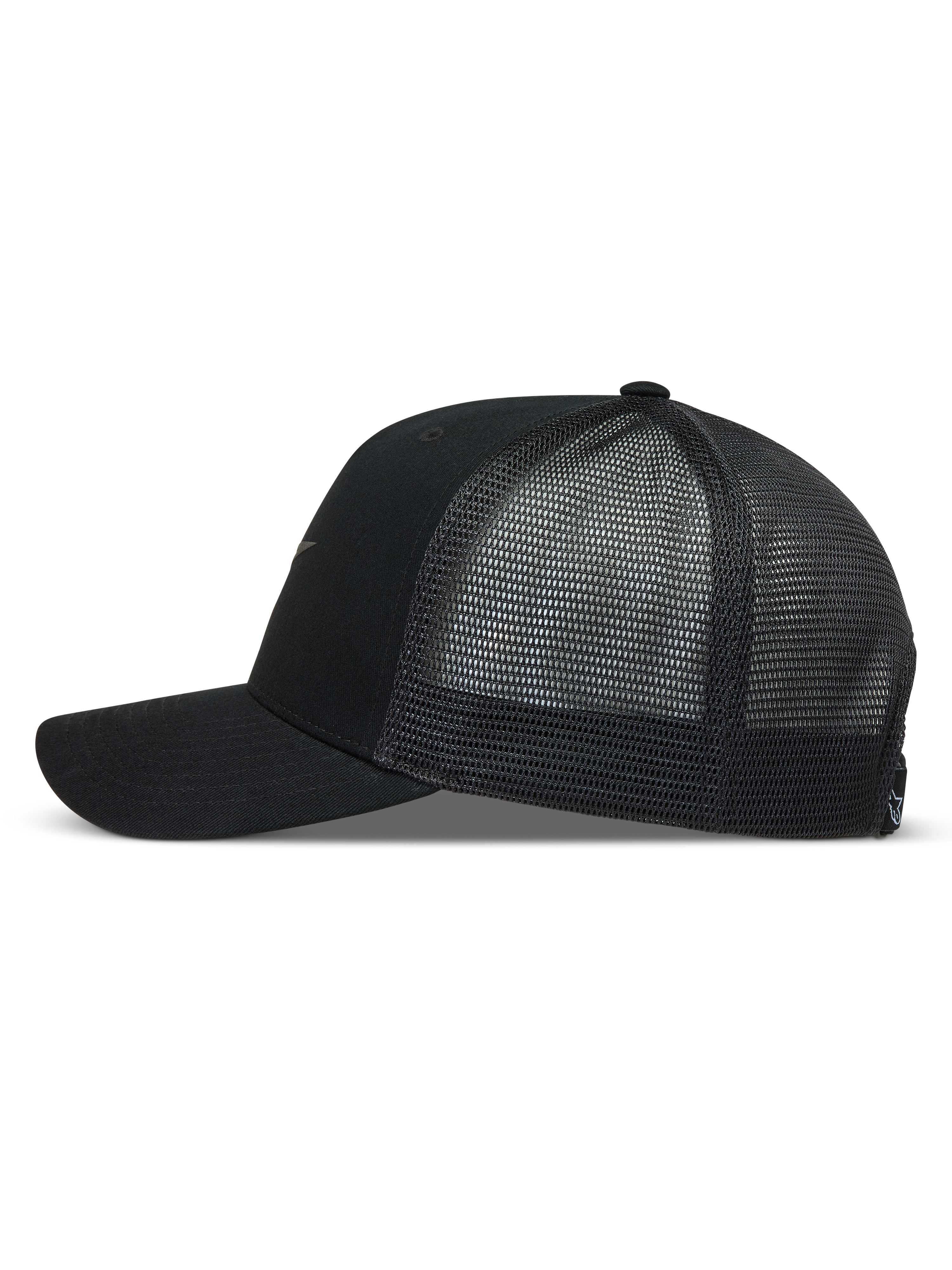 Alpinestars Augment Trucker Hat, sort kasket med buet skygge, twill-front og åndbart diamantnet bagpanel.