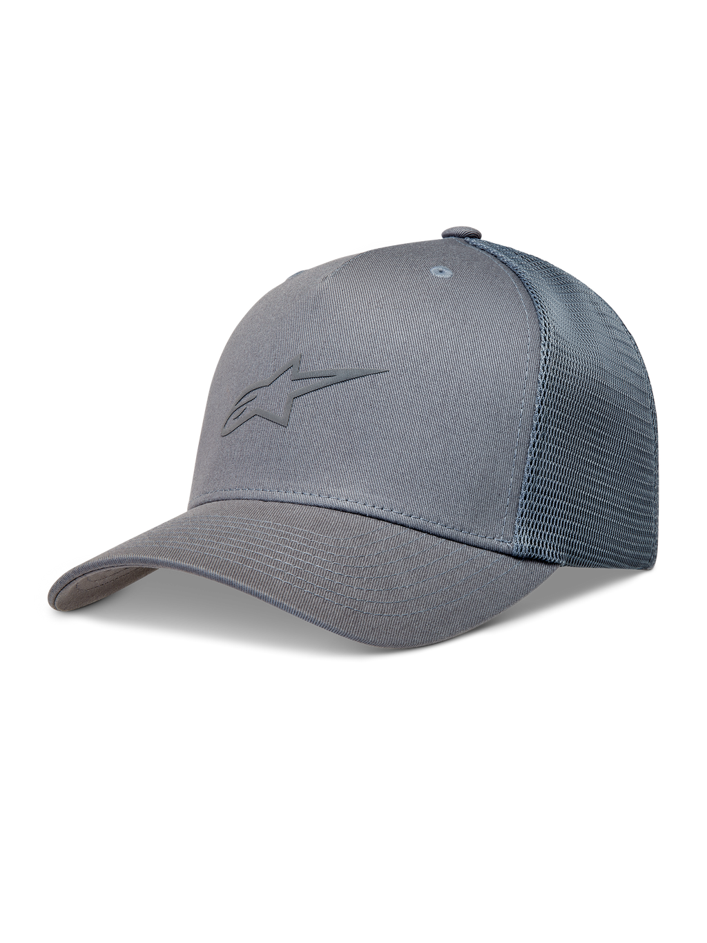 Alpinestars Augment Trucker cap, grå kasket med buet skygge, struktureret krone og åndbart diamantnet.