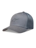 Alpinestars Augment Trucker cap, grå kasket med buet skygge, struktureret krone og åndbart diamantnet.